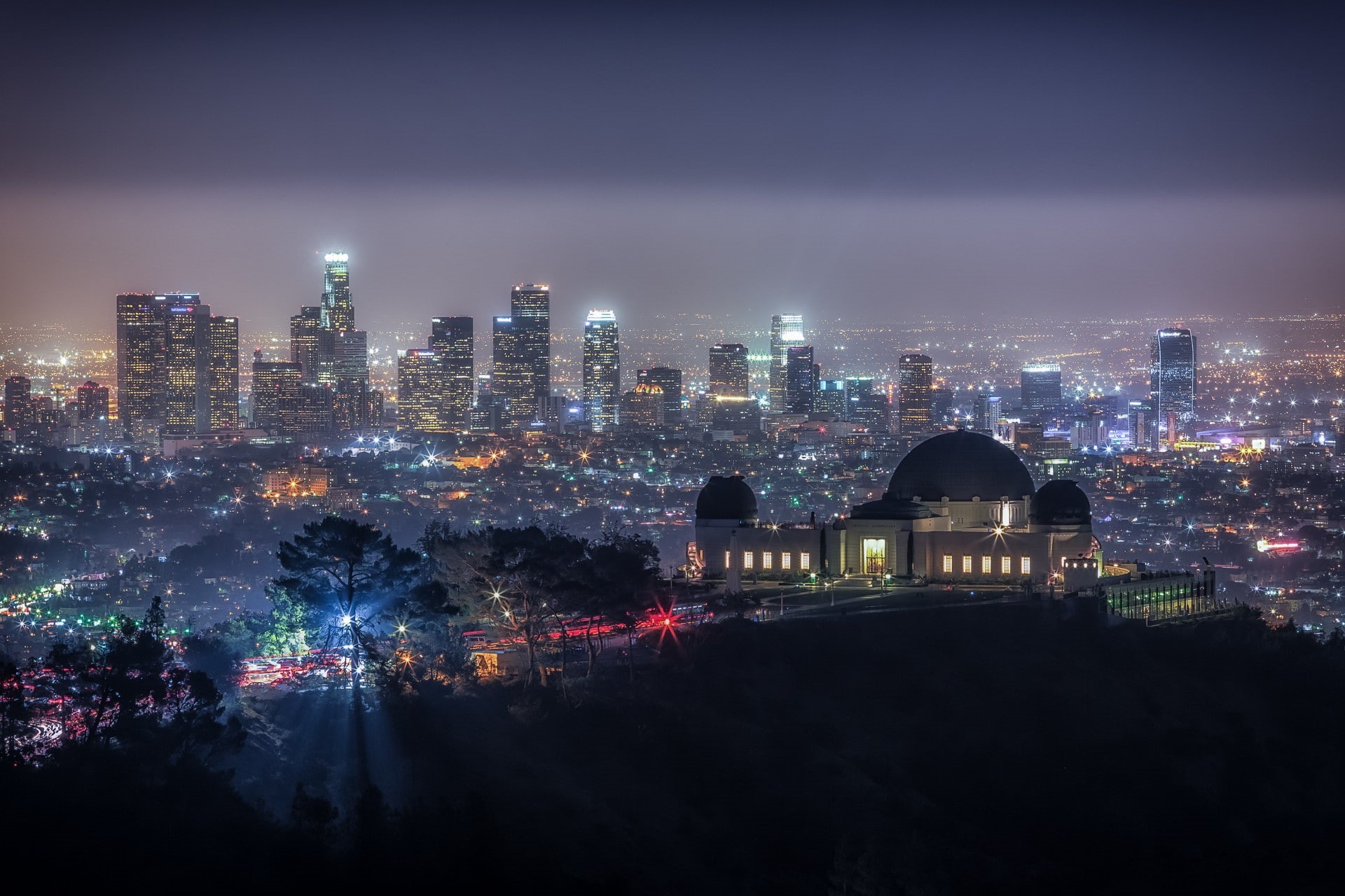 1080P, Observatory, night, Griffith Park, california, lights, the dome, trees, USA, the sky, home, HD Wallpaper