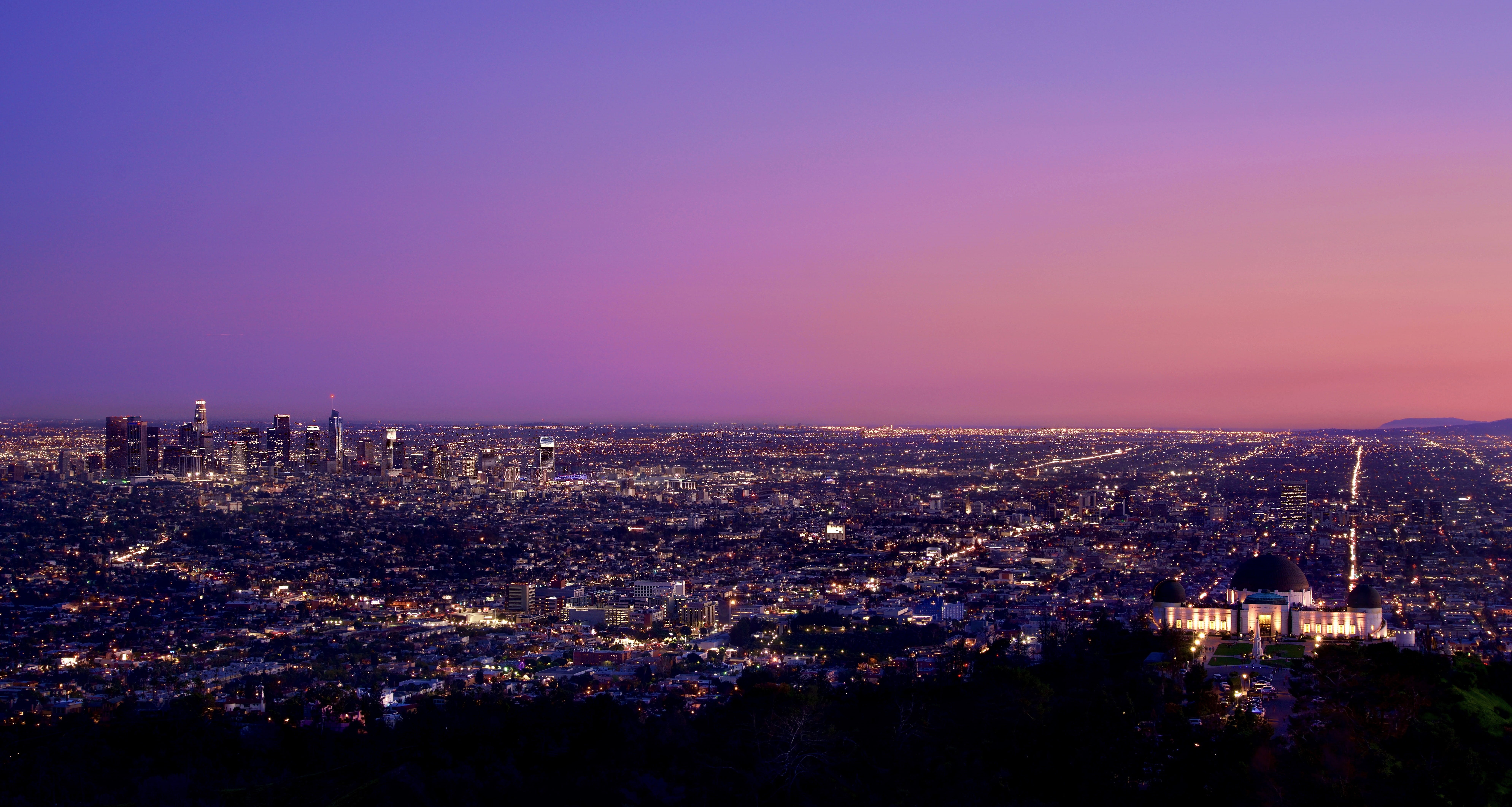 unsplash la, night, city life, dusk, sunset, landscape, urban skyline, 8K, travel destinations, light, purple, office building exterior, griffith observatory, HD Wallpaper