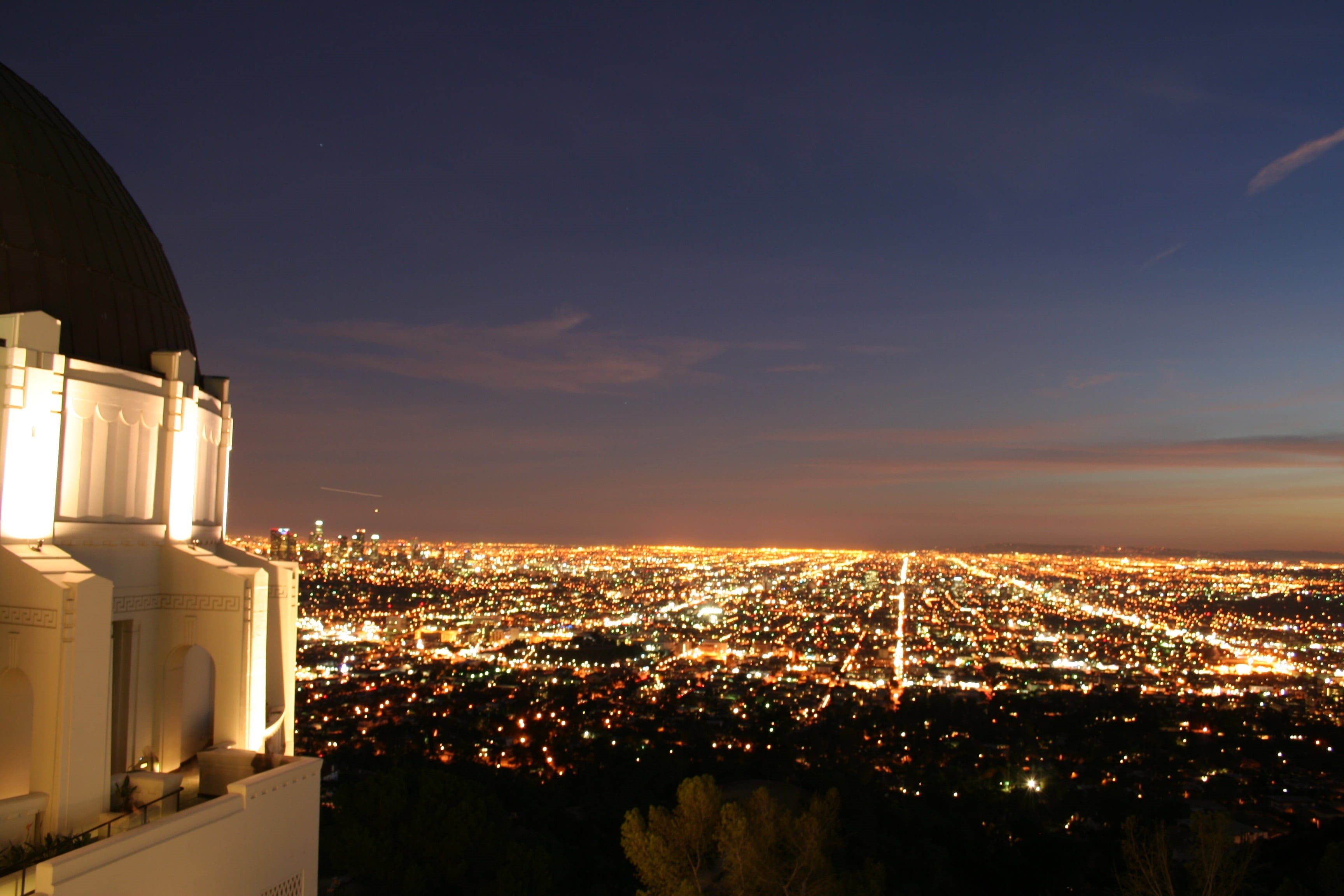 observatory, townscape, skyscraper, sky, cloud - sky, sunset, night, travel destinations, outdoors, griffith park observatory, downtown, city life, american, HD Wallpaper