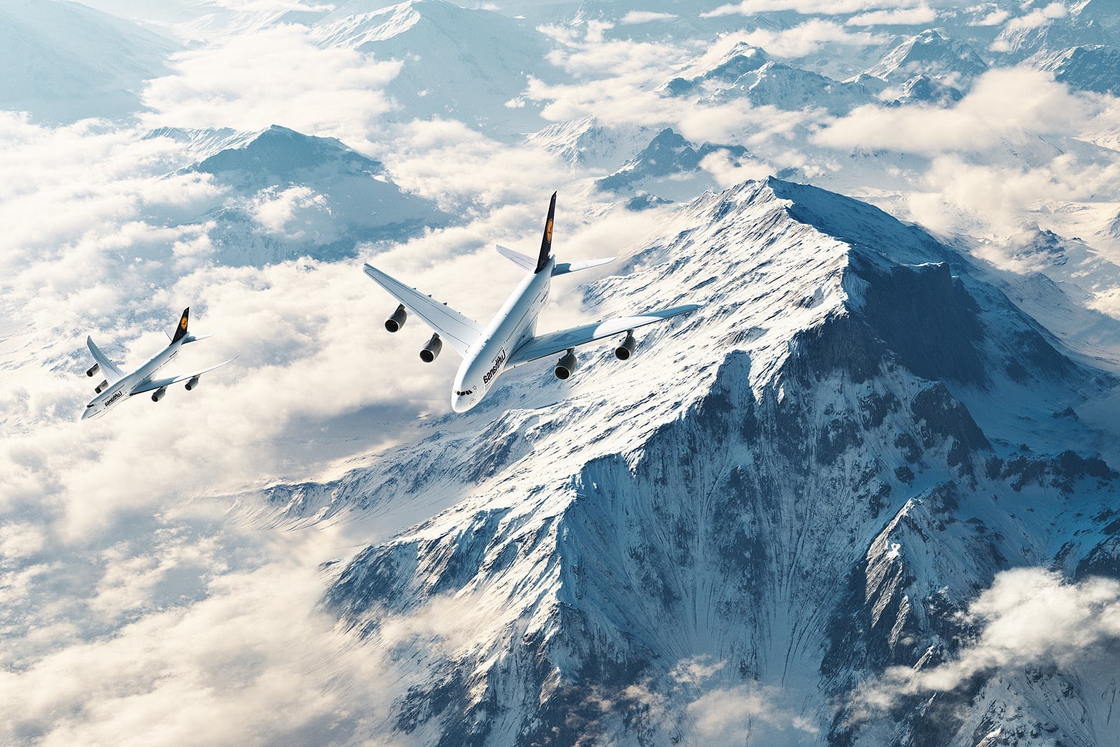 air vehicle, sky, cold temperature, snow, bird, no people, digital art, formation, airplane, 720P, scenics - nature, tranquil scene, flying, Photorealism, HD Wallpaper