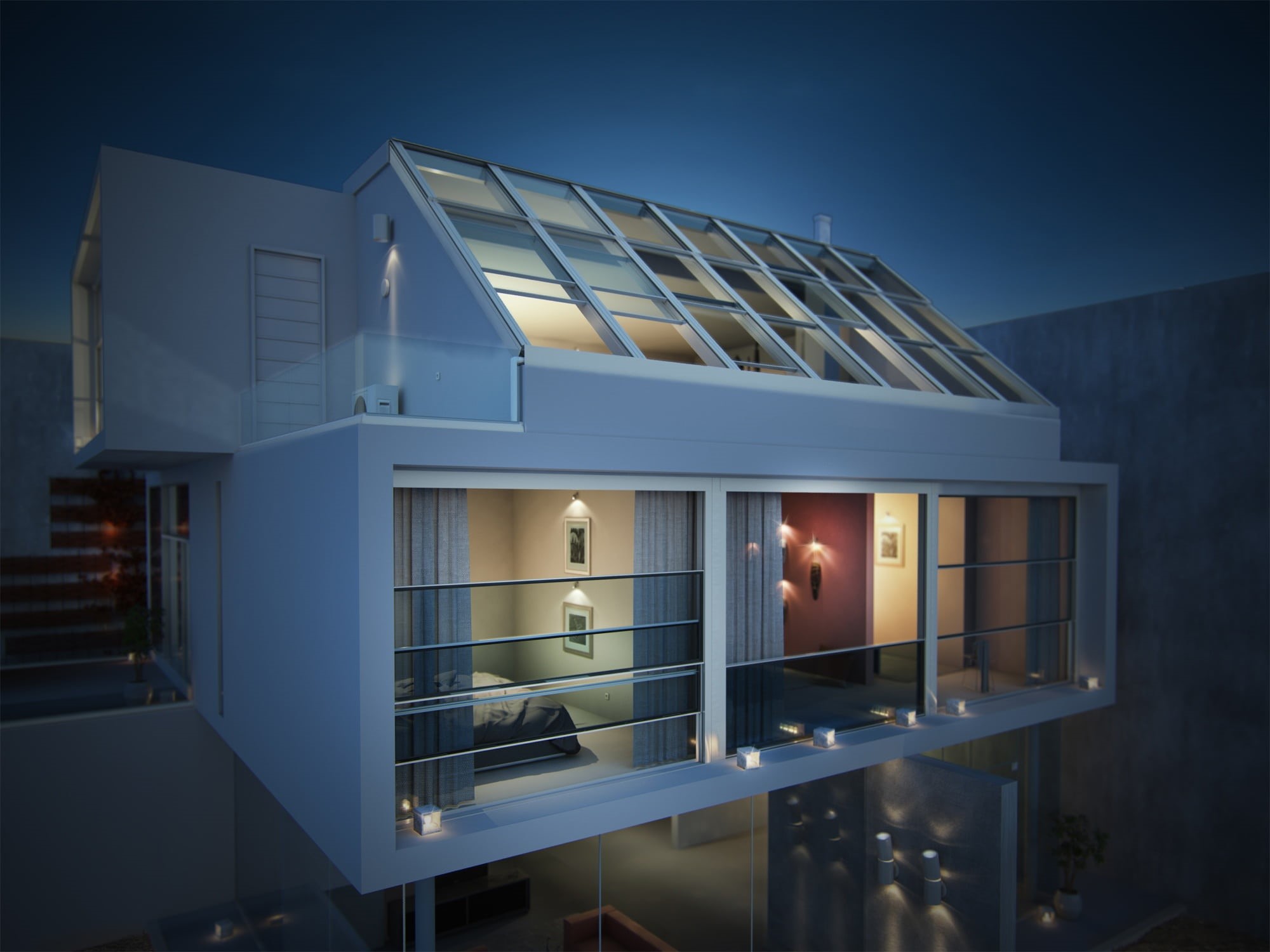 modern, ceiling, 3d, window, dusk, close-up, reflection, villa, sky, building, no people, glowing, night, white, house, evening, glass - material, building exterior, HD Wallpaper