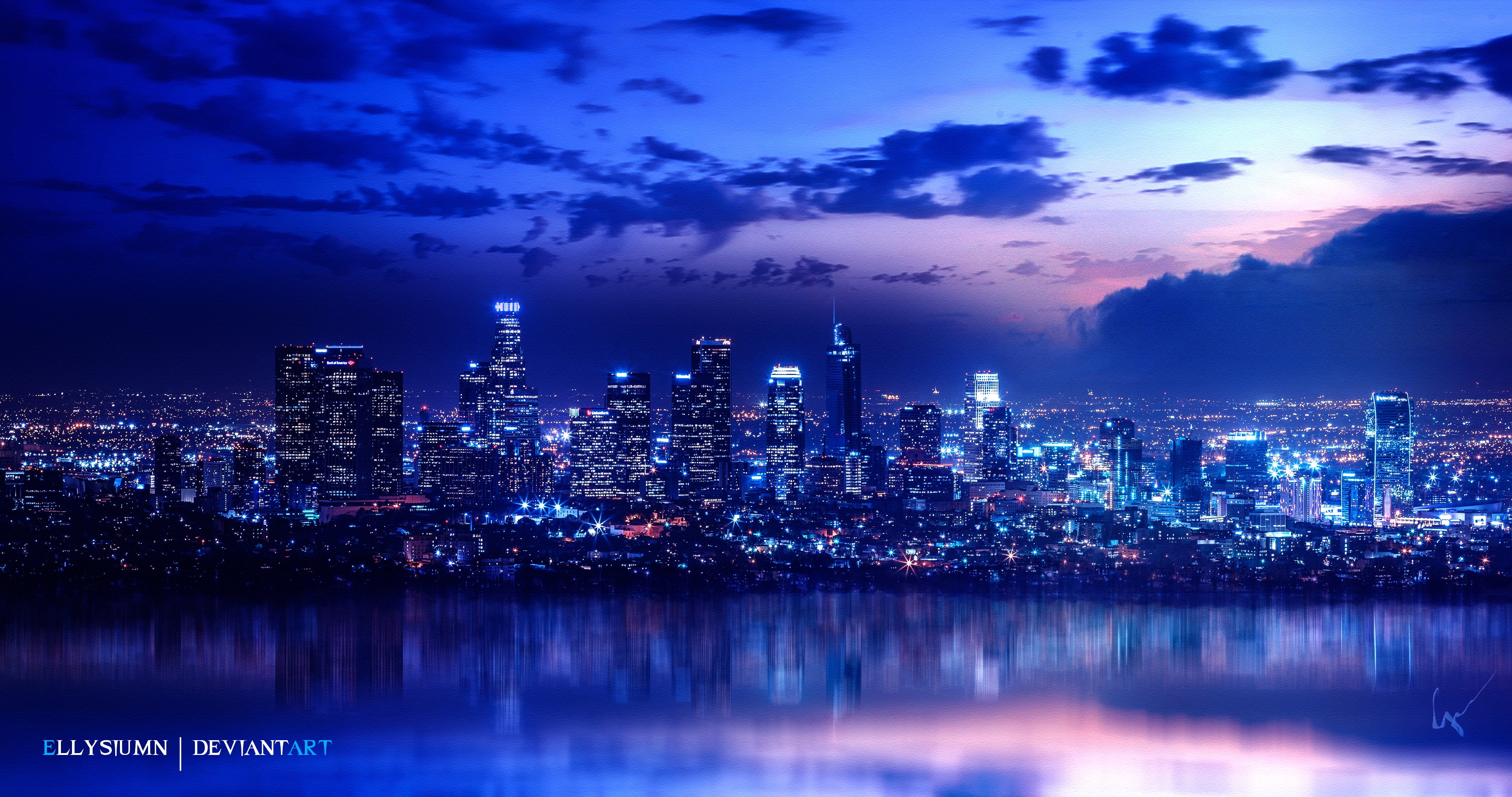 city, cityscape, waterscape, city lights, skyline, Ellysiumn, 4K, HD Wallpaper