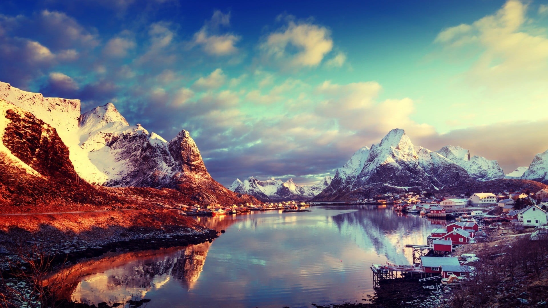 stones, autumn, waterfront, rock - Object, tourism, mountain Peak, village, landscape, brown, reflection, sunrise - Dawn, non-urban scene, mountains, sun rays, HD Wallpaper