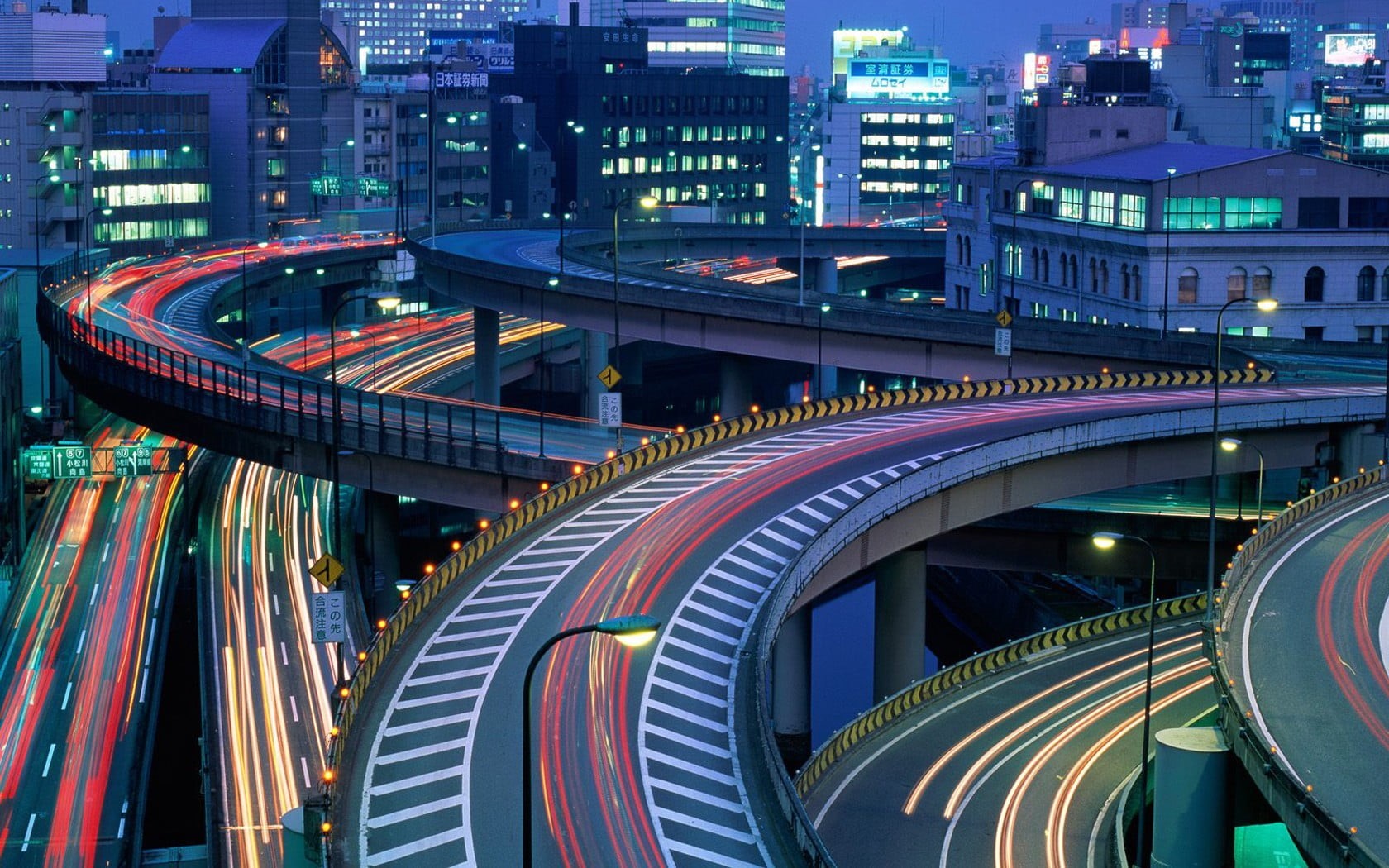 office building exterior, bridge, illuminated, city, Japan, building, light trails, busy, skyscraper, outdoors, night, overpass, built structure, architecture, HD Wallpaper