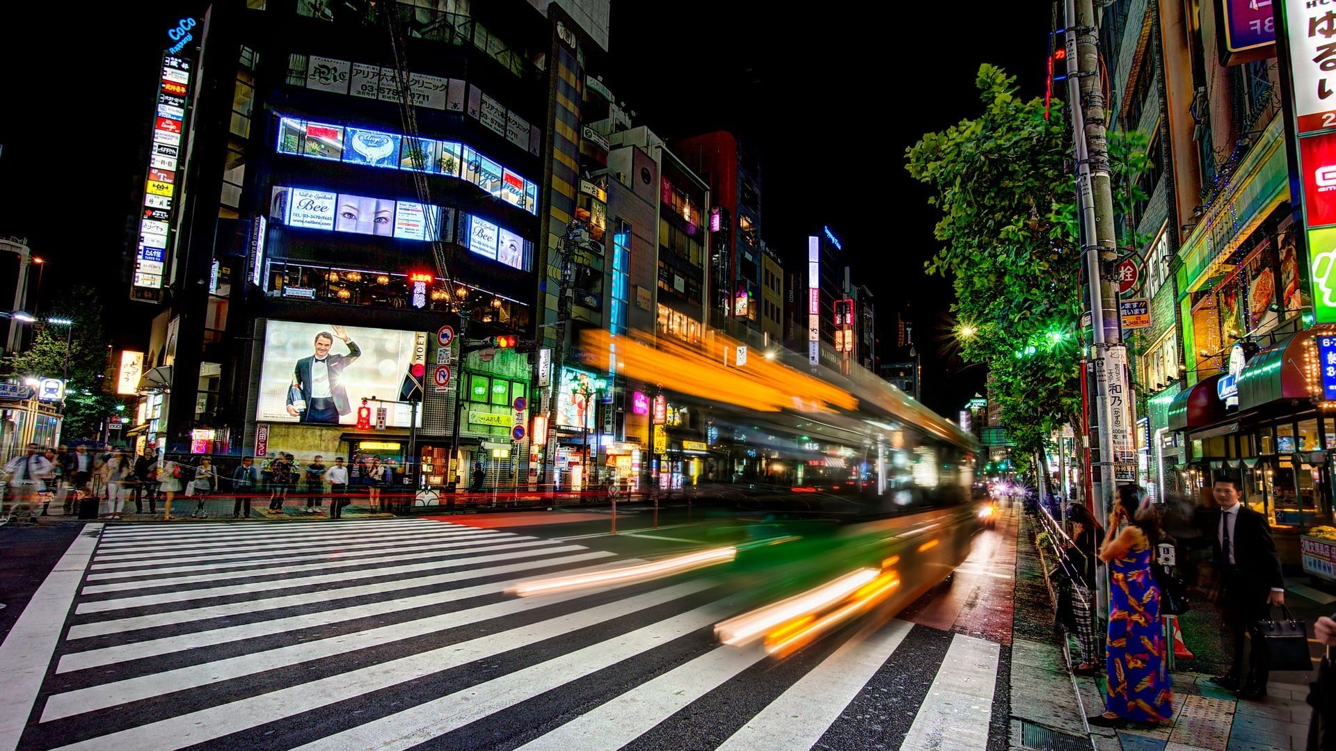 street, sign, night, Japan, city life, shibuya, 1080P, outdoors, motion, long exposure, city, architecture, building exterior, illuminated, incidental people, HD Wallpaper