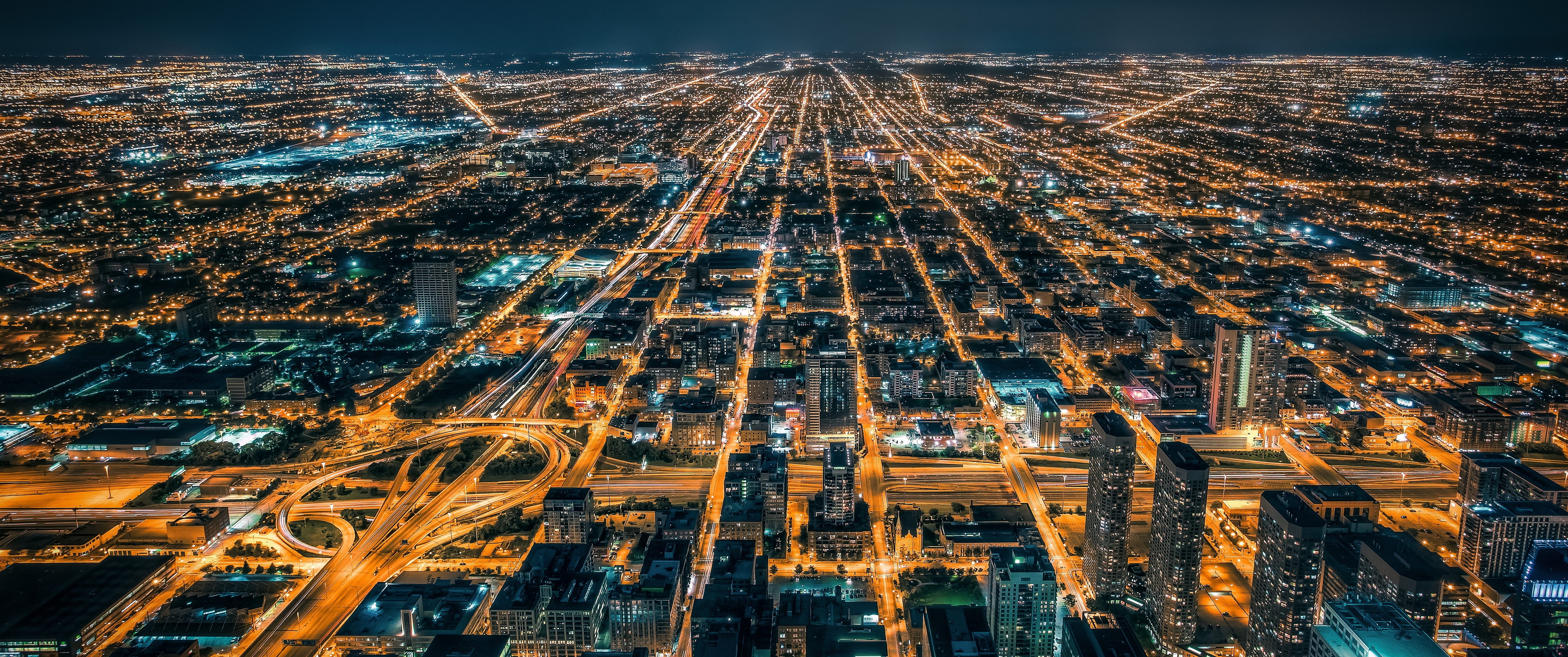 aerial view, office building exterior, outdoors, 5K, built structure, nighttime, cityscape, building, skyscraper, street, architecture, city life, no people, HD Wallpaper