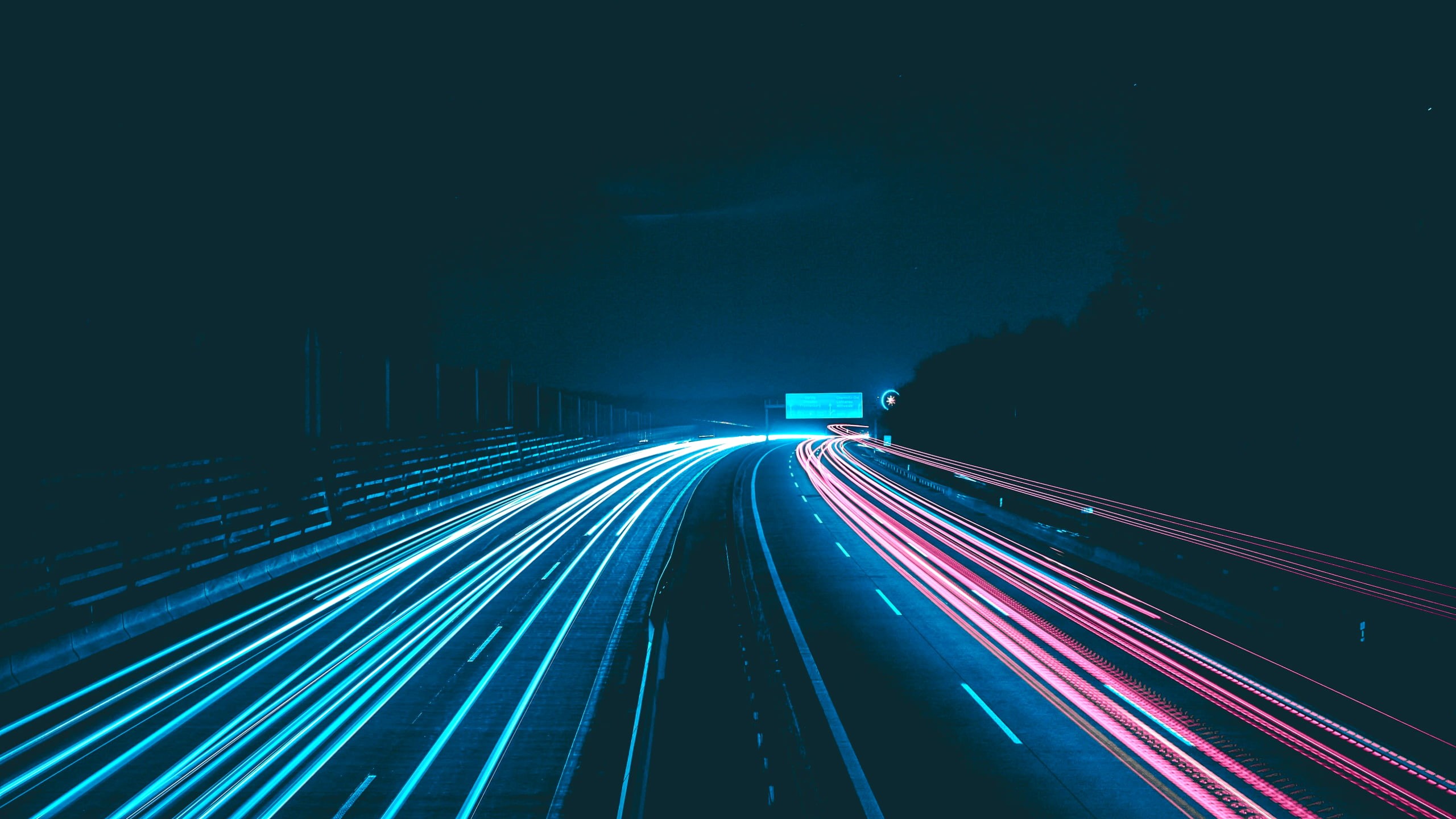 neon, lights, night, dark, highway, timelapse, road, outdoors, 2K, HD Wallpaper