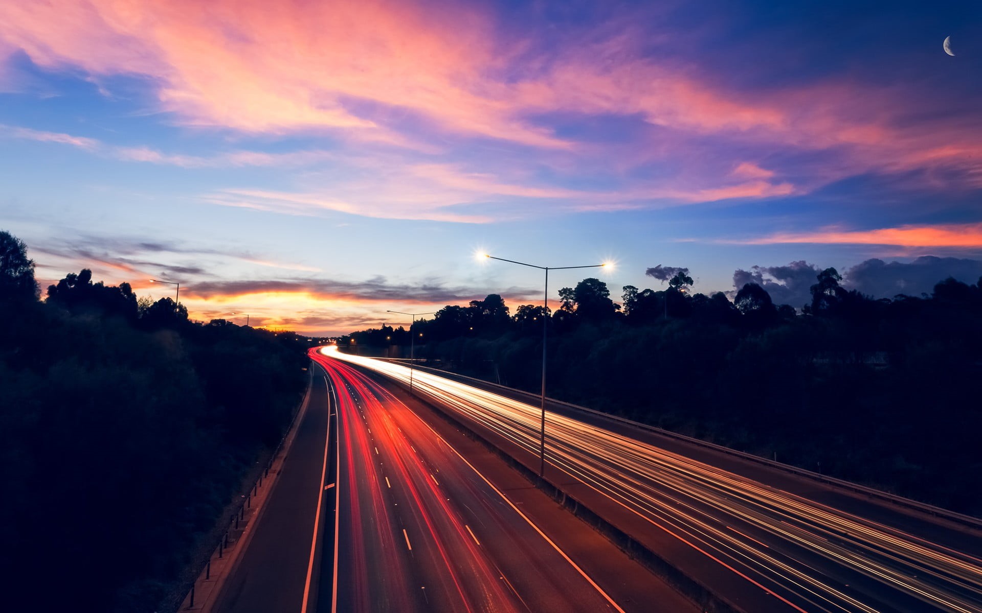 light trail, timelapse, urban Scene, street, photo, cloud - sky, driving, tree, traffic, no people, sky, asphalt, blurred Motion, journey, the way forward, HD Wallpaper
