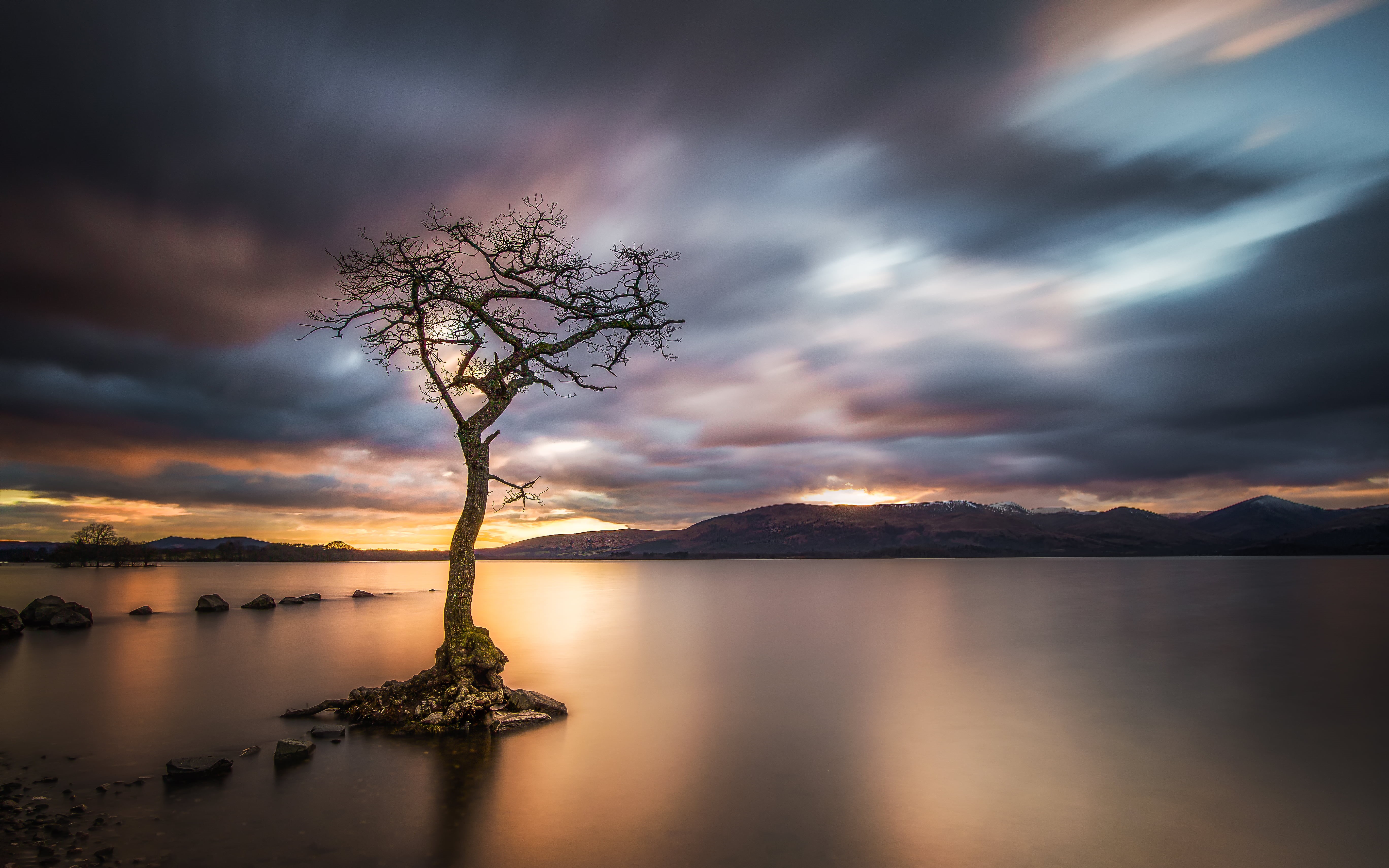 sea, Water, S 10, body, 70D, Canon EF-S, Stopper, Sunrise  Sunset, Photography, mountain, Loch Lomond, Scotland, Light, timelapse photography, 5K, Lone Tree, HD Wallpaper