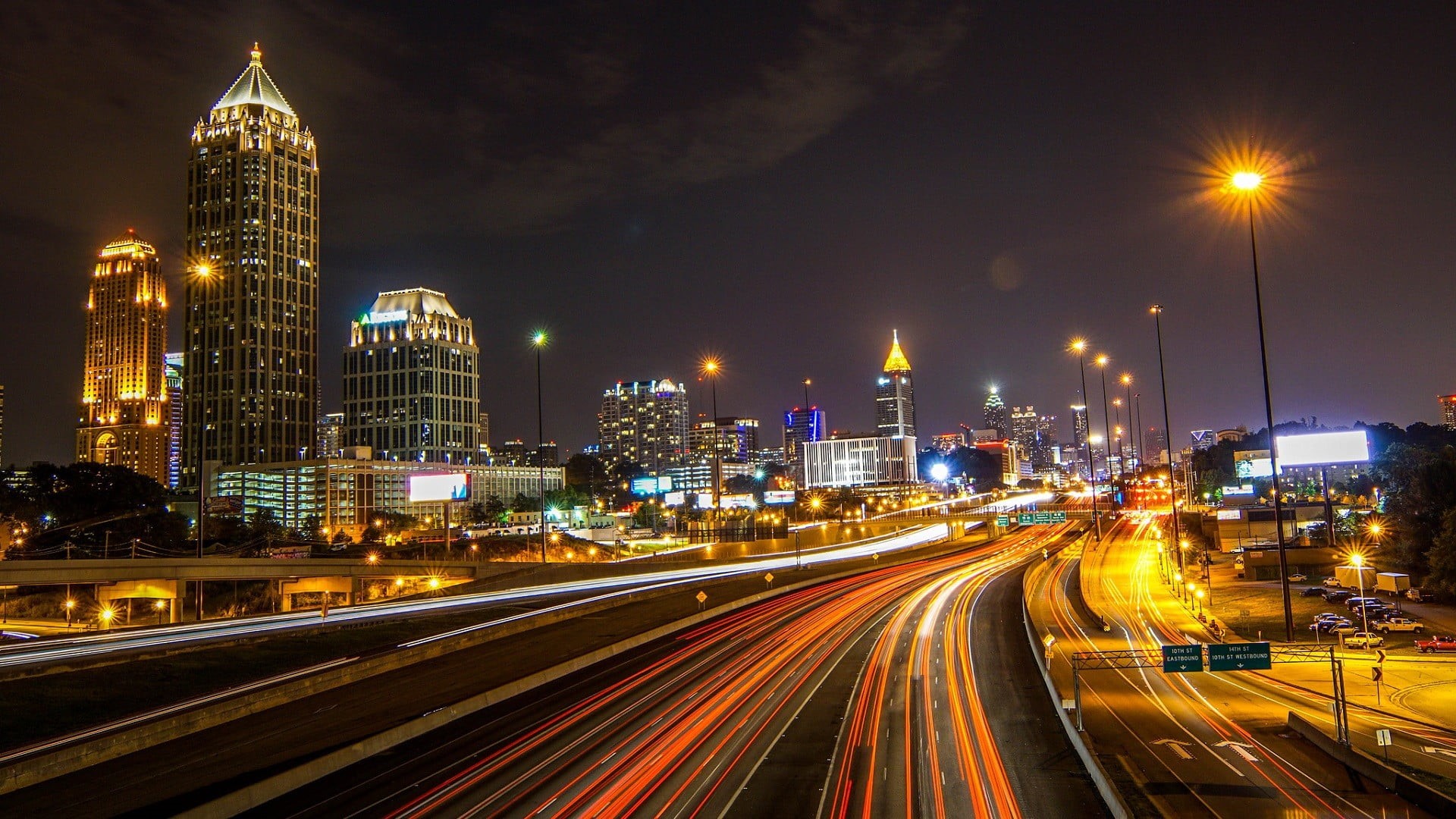 architecture, night, USA, buildings, road, office building exterior, city life, built structure, skyscraper, speed, light, timelapse, cityscape, illuminated, HD Wallpaper