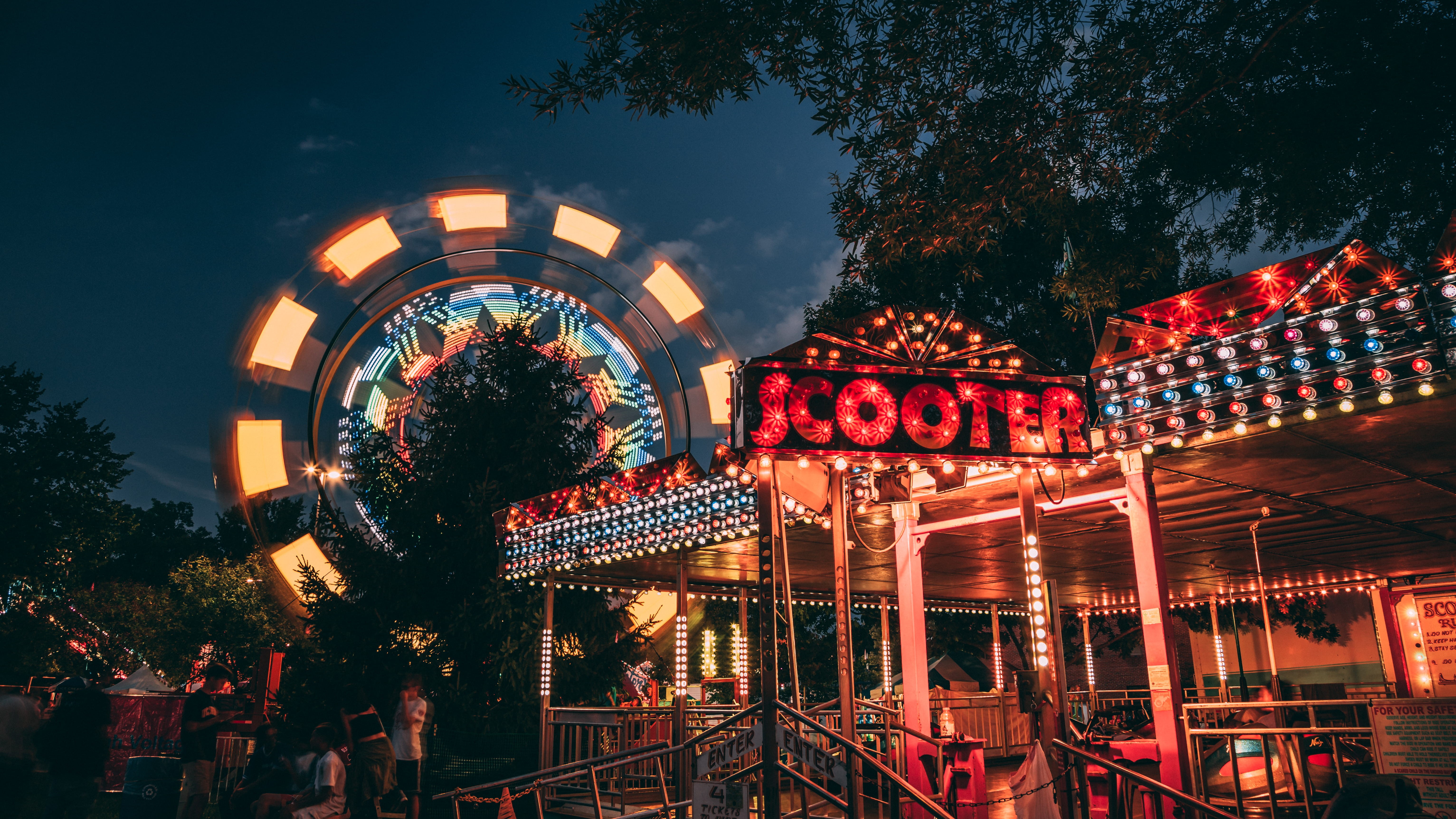 built structure, plant, ferris wheel, ferris, illuminated, 5K, tree, merry-go-round, arts culture and entertainment, building, timelapse, cafe, leisure activities, HD Wallpaper