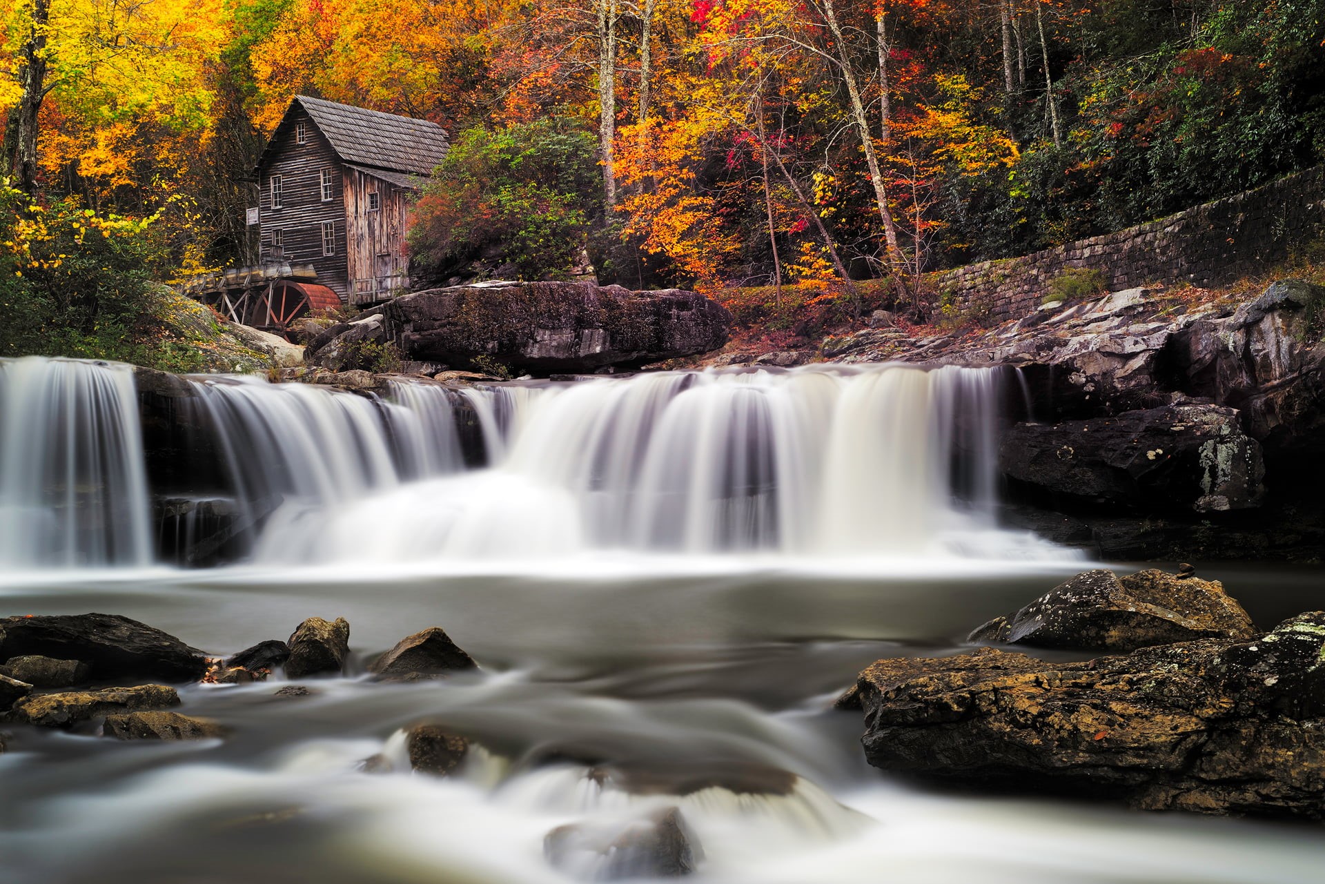 southeast, beauty In Nature, fall, leaf, water, Grist Mill, near, brown, river, rock - Object, tree, outdoors, waterfall, babcock state park, photography, HD Wallpaper