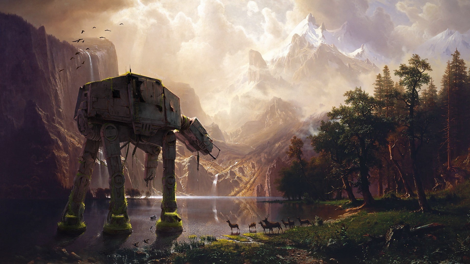 Star Wars, abandoned, 1080P, artwork, AT-AT, forest, HD Wallpaper