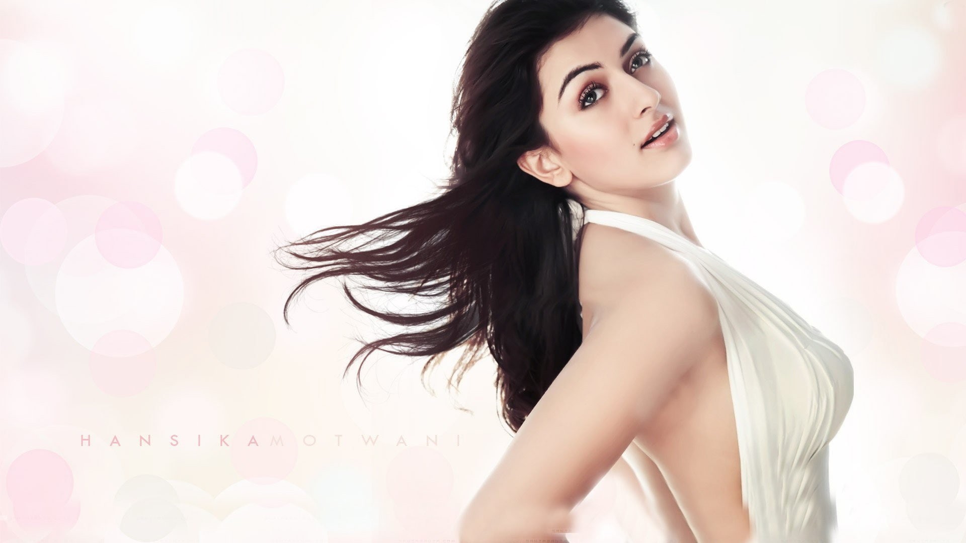 brunette, looking back, women, Bollywood, fan art, 1080P, retouching, long hair, white dress, Hansika Motwani, actress, moles, HD Wallpaper