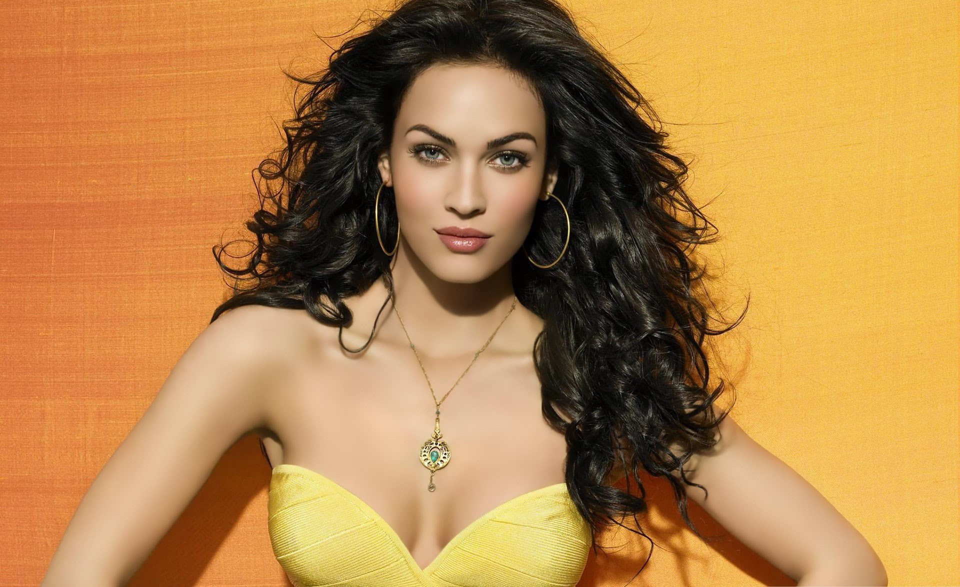 actress, bare shoulders, Photoshoped, Megan Fox, brunette, 1080P, curly hair, women, cleavage, retouching, HD Wallpaper