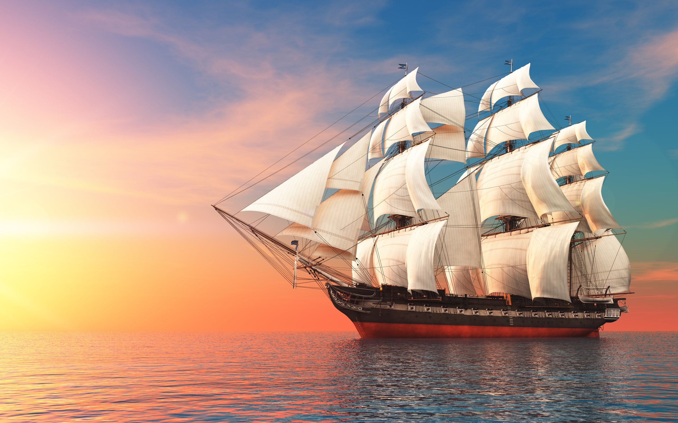sea, retouching, 2K, sunset, sailing ship, HD Wallpaper