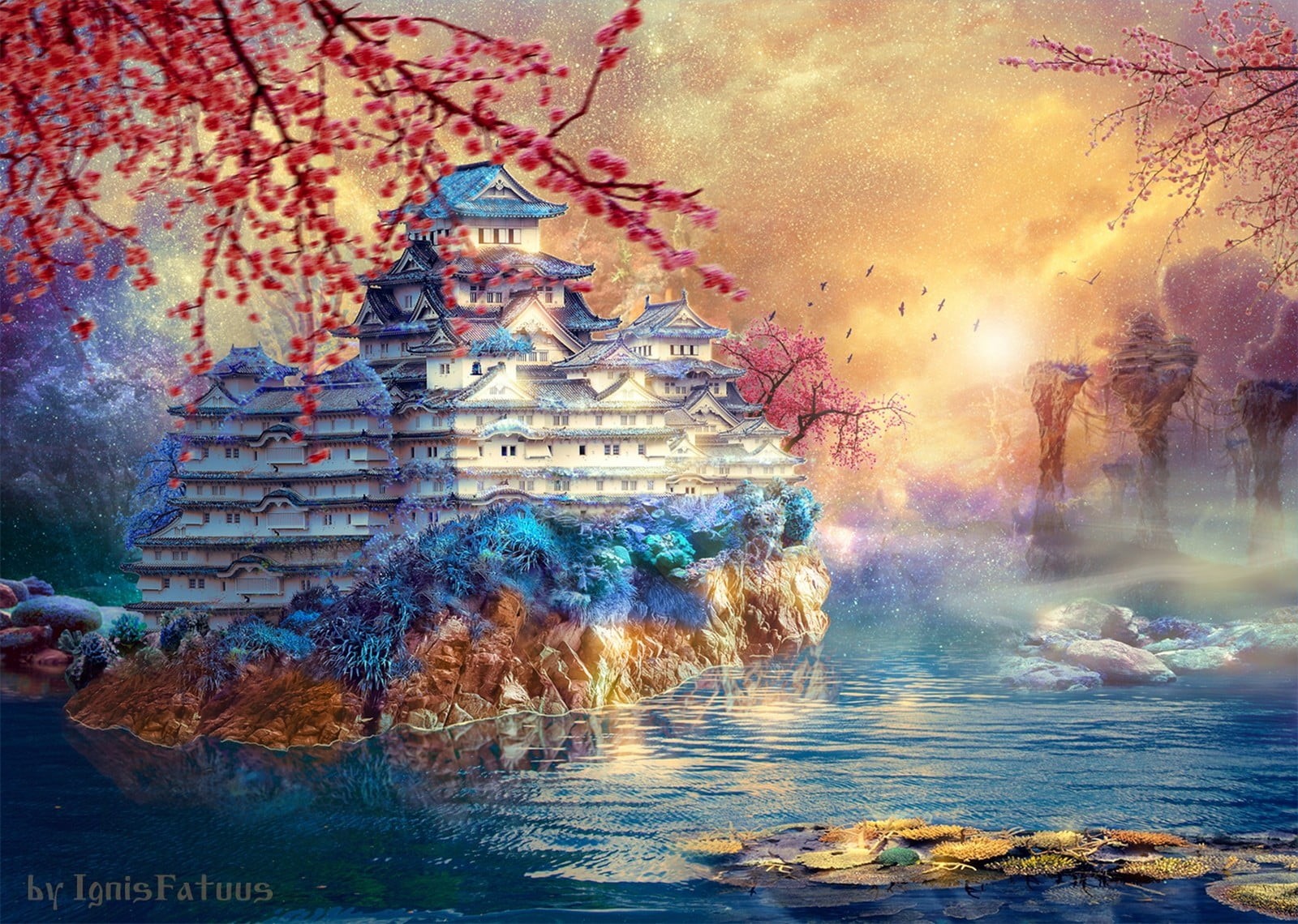 outdoors, land, painting, retouching, place of worship, fall, trees, cloud - sky, scenics - nature, body, no people, architecture, sea, environment, pond, HD Wallpaper