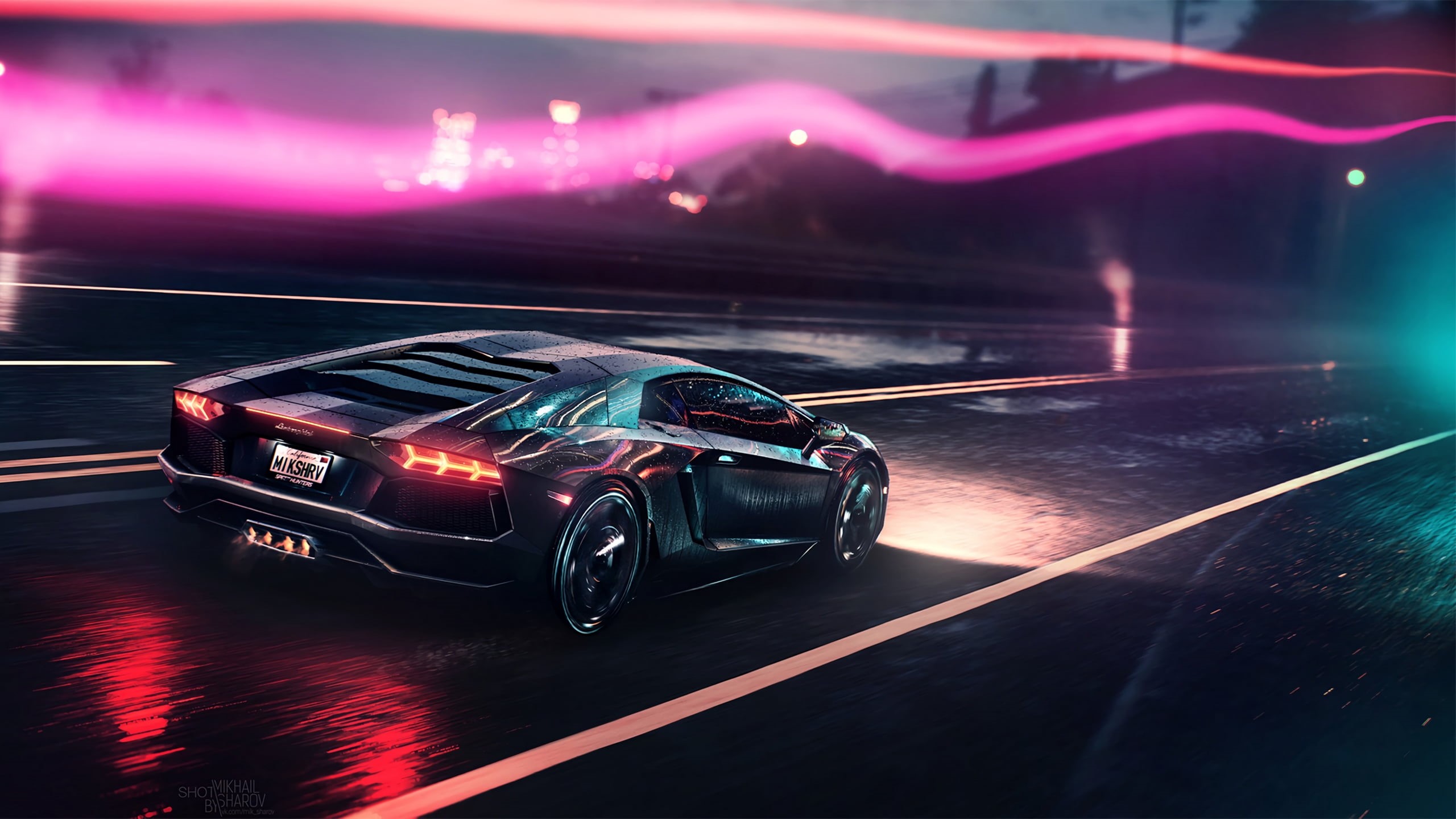 transport, neon, Lamborghini, gray, Mikhail Sharov, vehicle, retouching, atmosphere, Retrowave, environment, night, neon lights, Lamborghini Aventador, HD Wallpaper