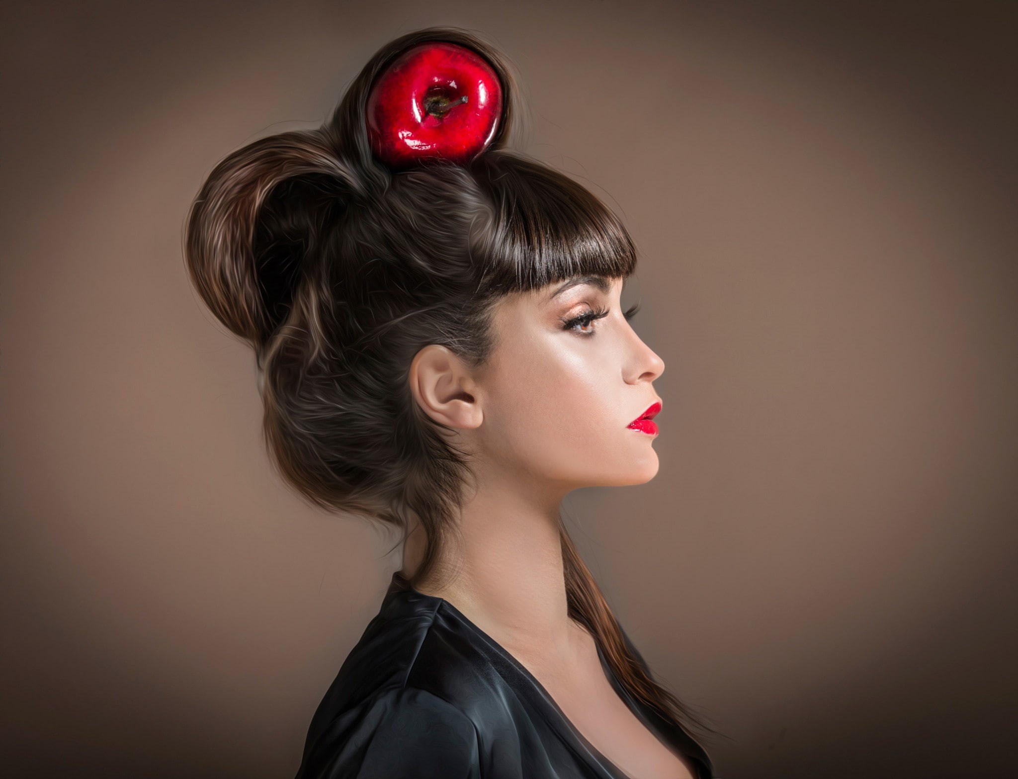 retouching, model, photo manipulation, portrait, red lipstick, brunette, women, 1080P, HD Wallpaper