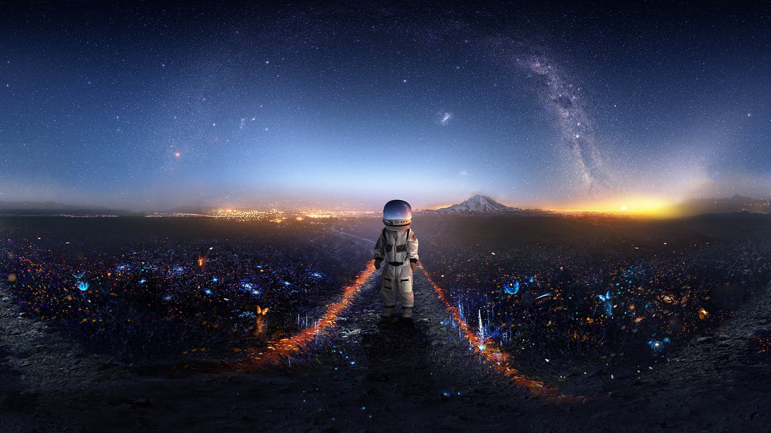 space, flowers, by t1na, butterfly, planet, 2K, baby, astronaut, retouching, HD Wallpaper