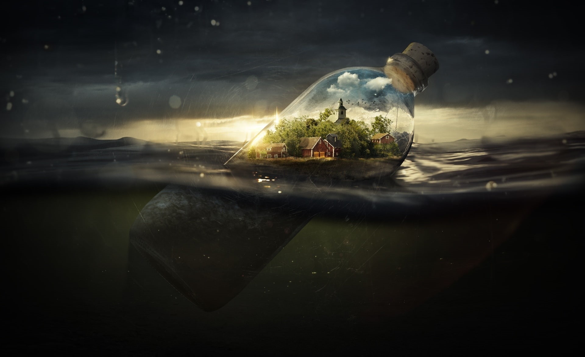 animal wildlife, one animal, vertebrate, away, photoshop, hd, cork, fish, drifting, bottle, glass - material, 1080P, illustration, life, animal themes, HD Wallpaper