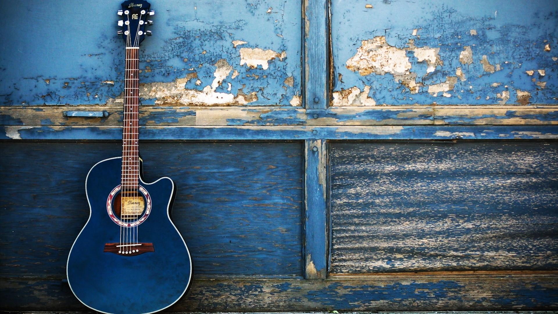 string instrument, photography, blue, harmony, guitar, 1080P, musical instrument, vintage, wall, acoustic guitar, HD Wallpaper