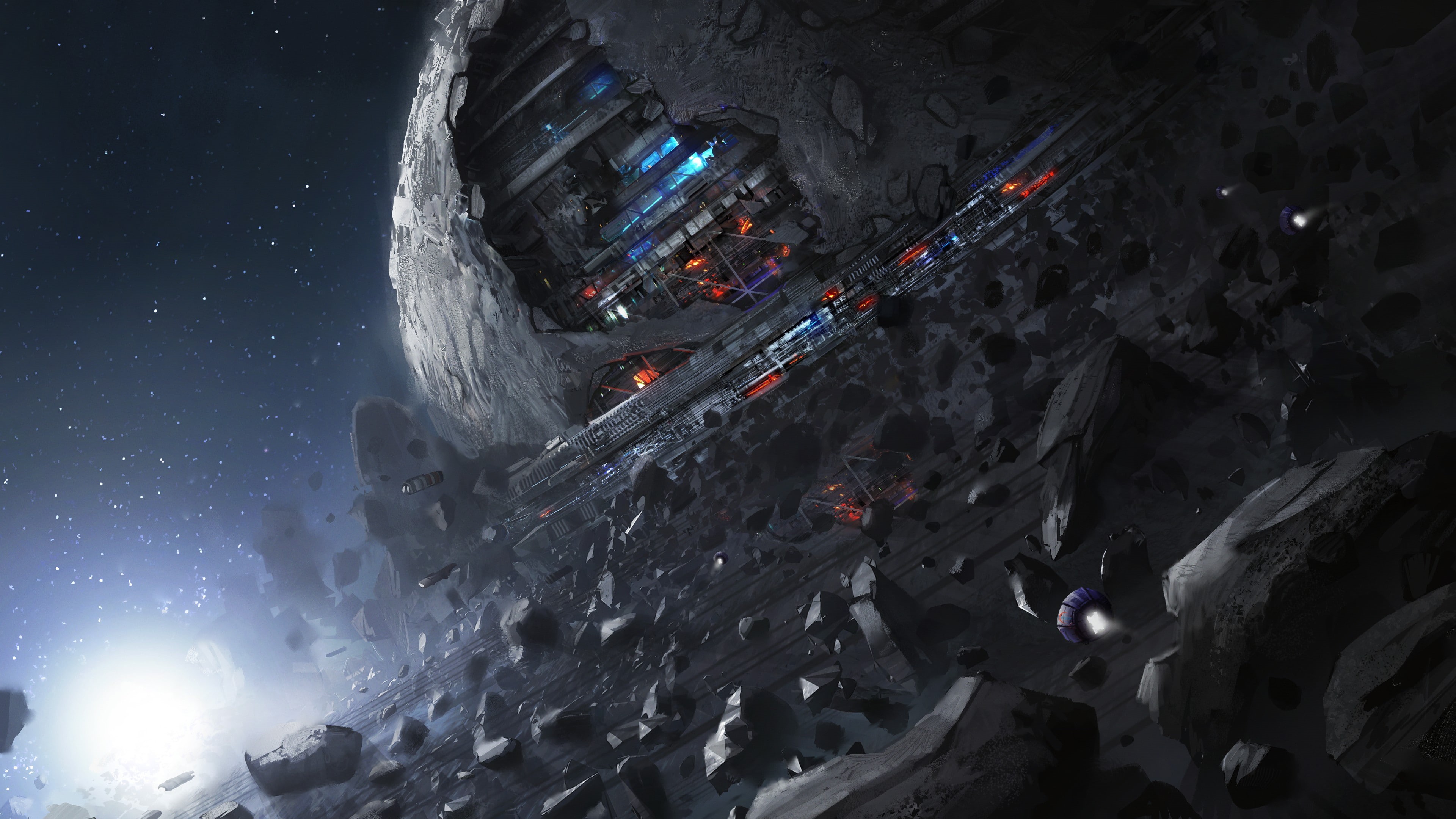 futuristic, digital art, planet, spacestation, space, rock, science fiction, fantasy art, universe, stars, 4K, Moon, building, HD Wallpaper