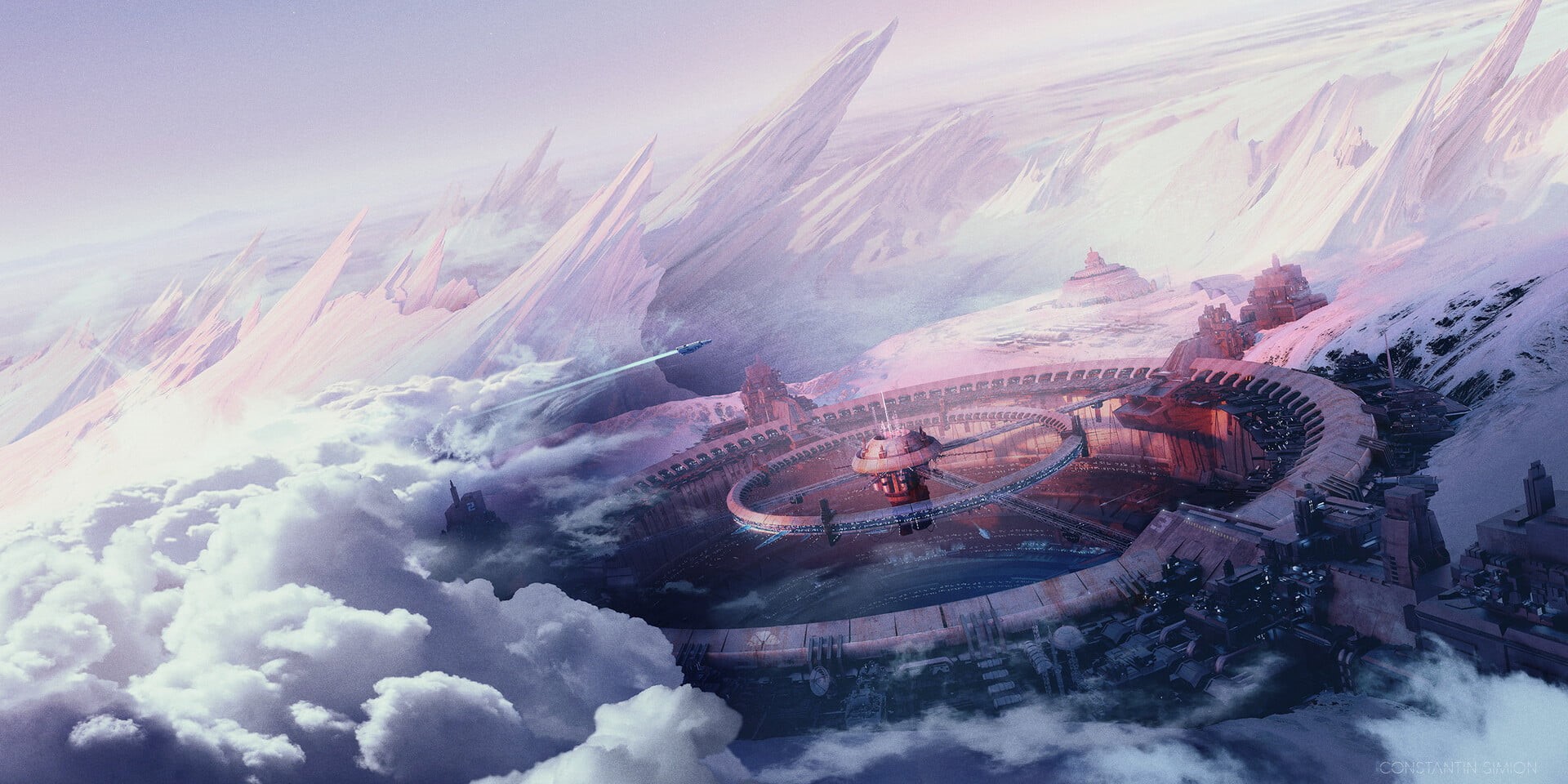 drawing, ArtStation, ultrawide, digital art, artwork, 1080P, spacestation, Constantin Simion, clouds, HD Wallpaper