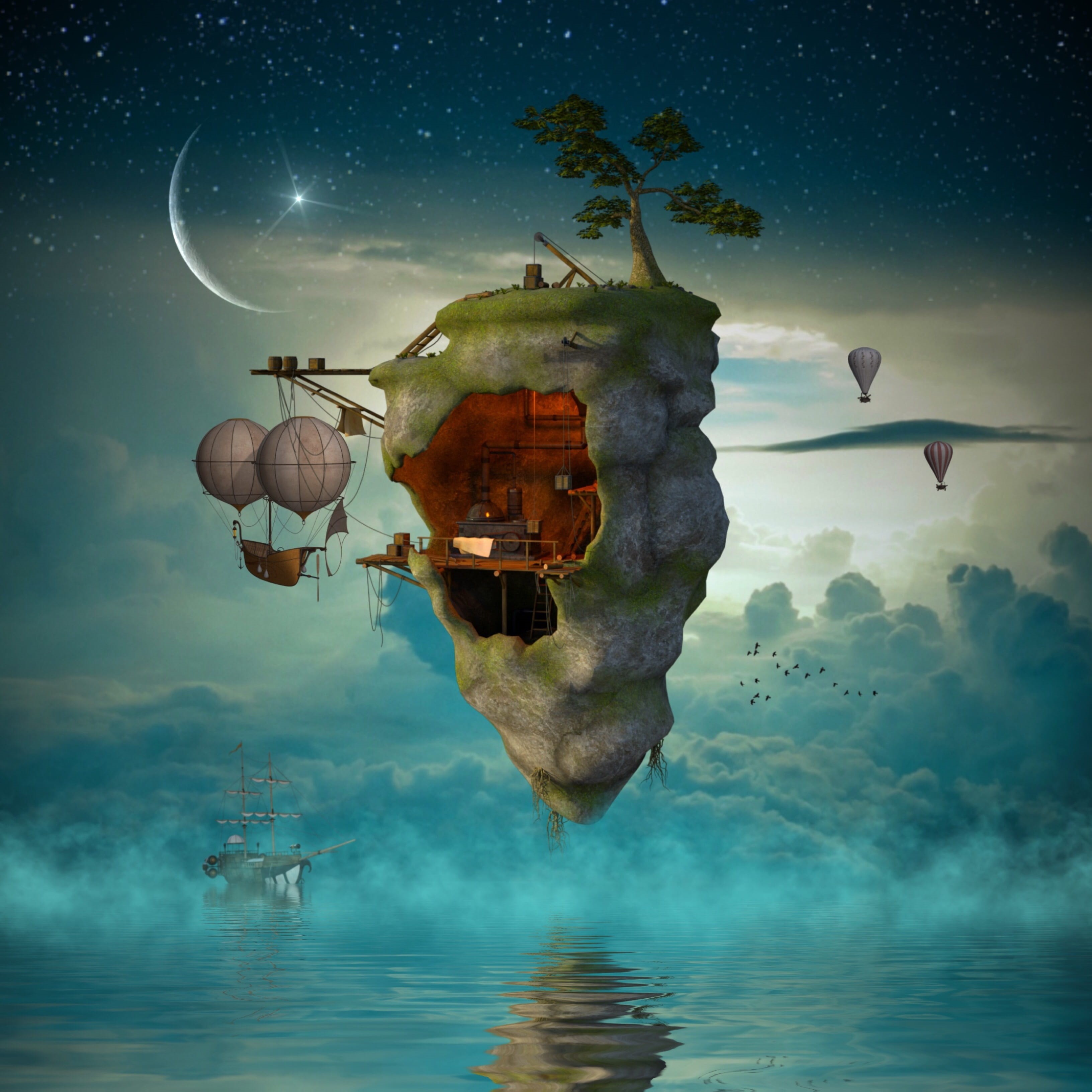 nature, mid-air, bluish, landscape, star, adventure, waterfront, reflection, expression, balloon, flooded, animal themes, moon, horizon, felsentor, mood, Phone HD Wallpaper