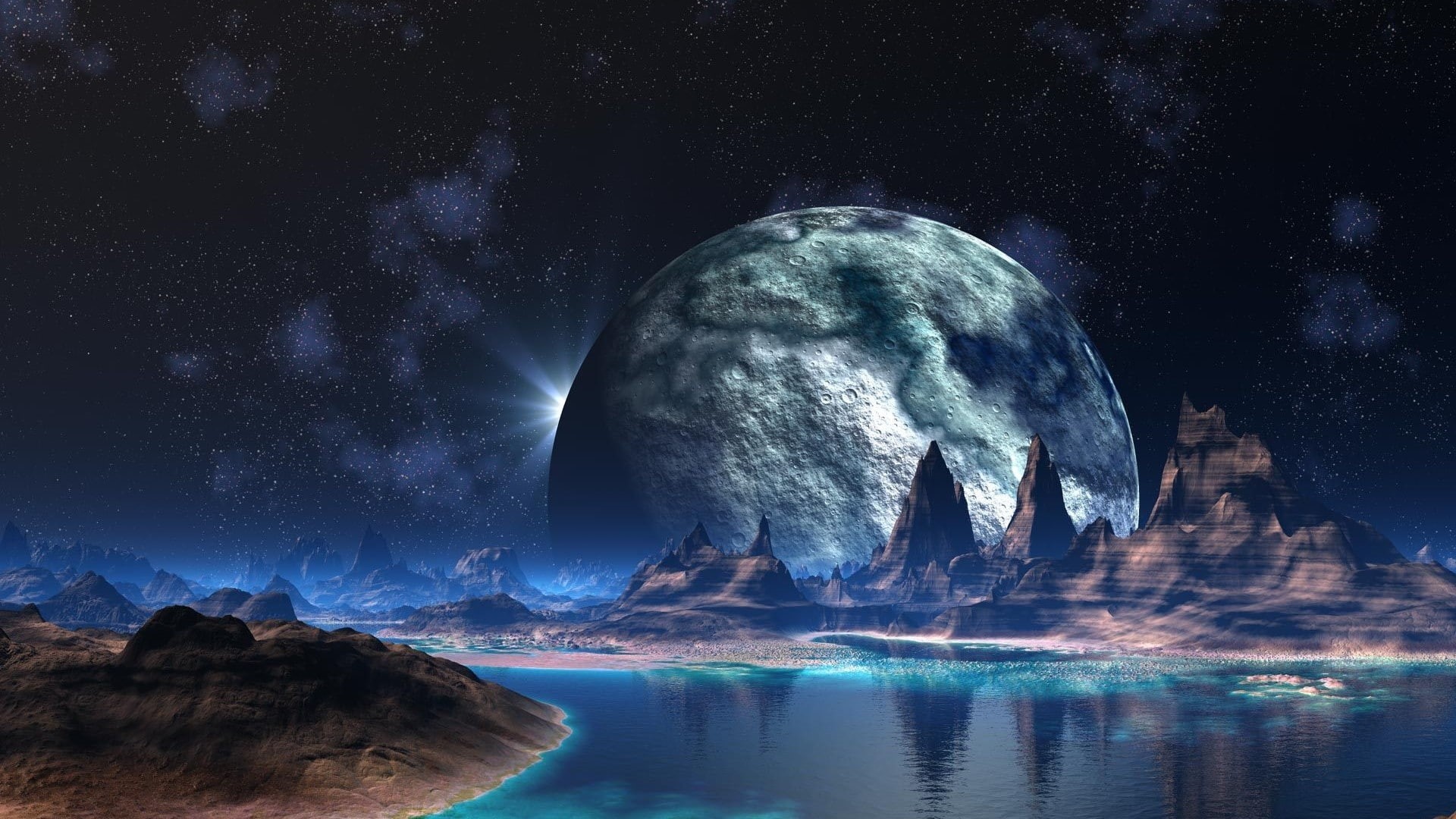 stars, natural light, fantasy art, river, space, alien world, mountains, water, Moon, 1080P, world, artwork, HD Wallpaper