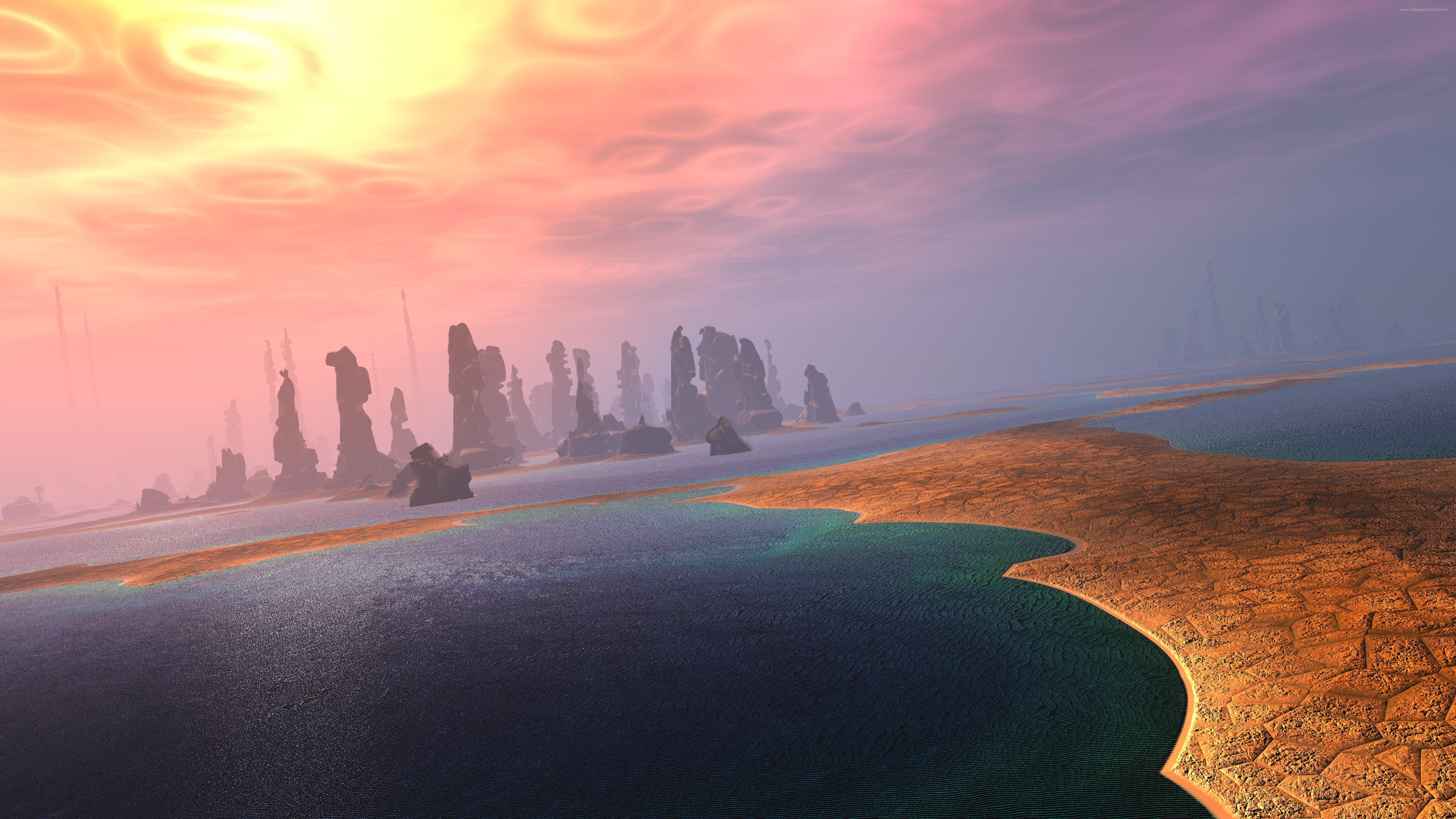 alien world, fantasy, 8K, panorama, planet, rock formation, HD Wallpaper