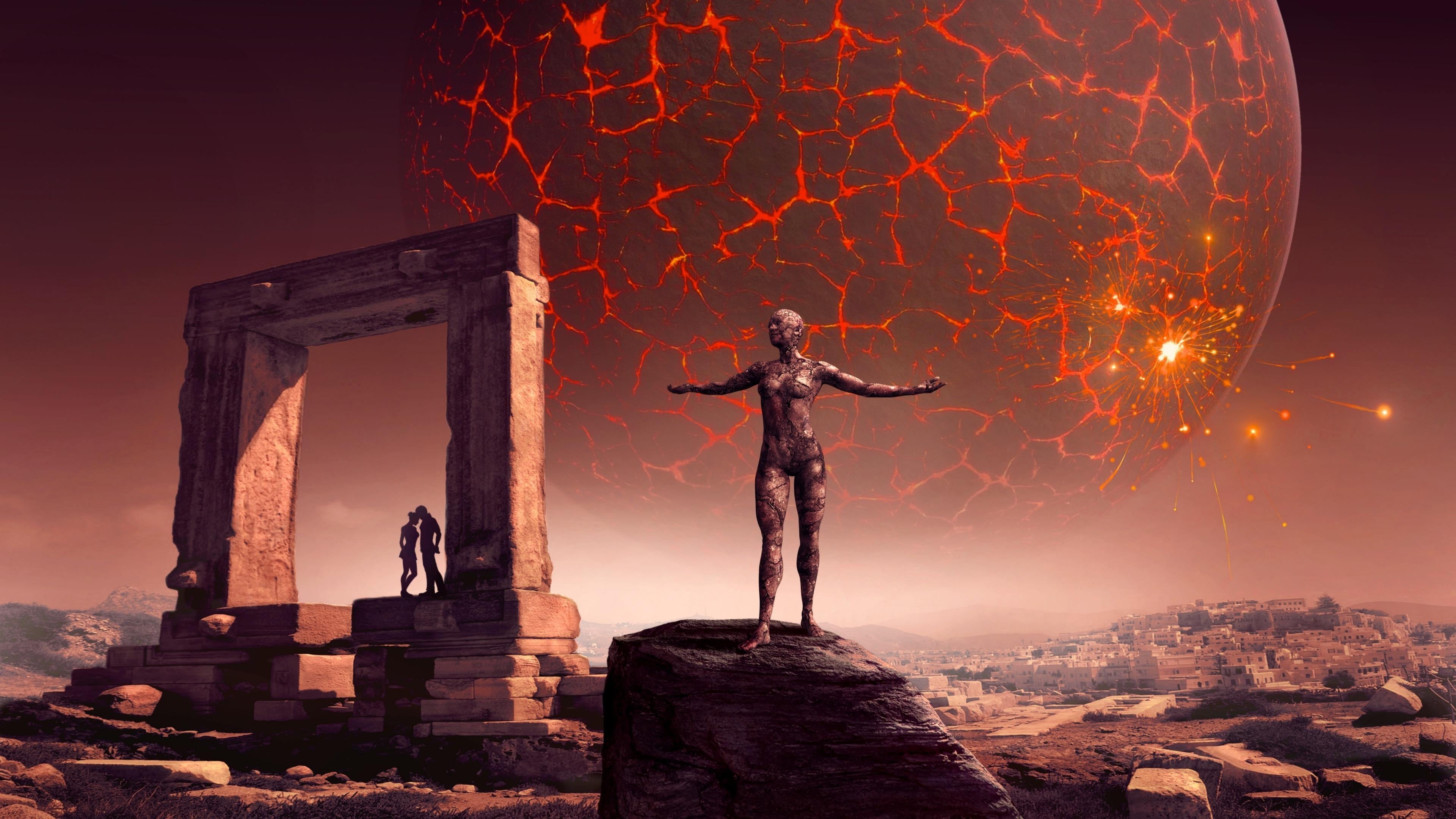 futuristic, red planet, artwork, 4K, outdoors, sky, fantasy, architecture, fantasy landscape, representation, human representation, craft, architectural column, HD Wallpaper