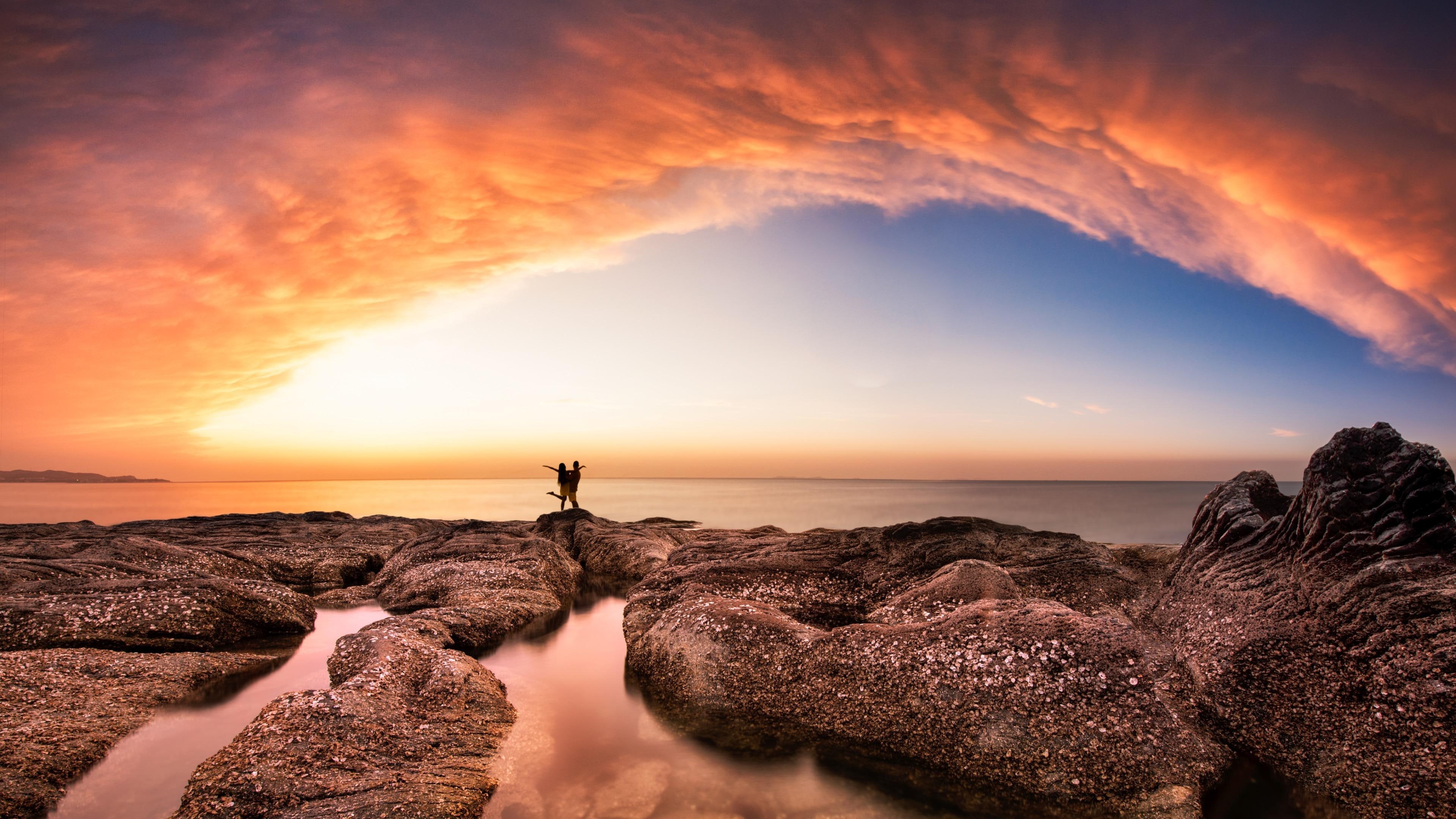 horizon, sea, 4K, cloud, lovers, couple, rock, sunset, happiness, bliss, photography, coast, shore, sky, beach, HD Wallpaper