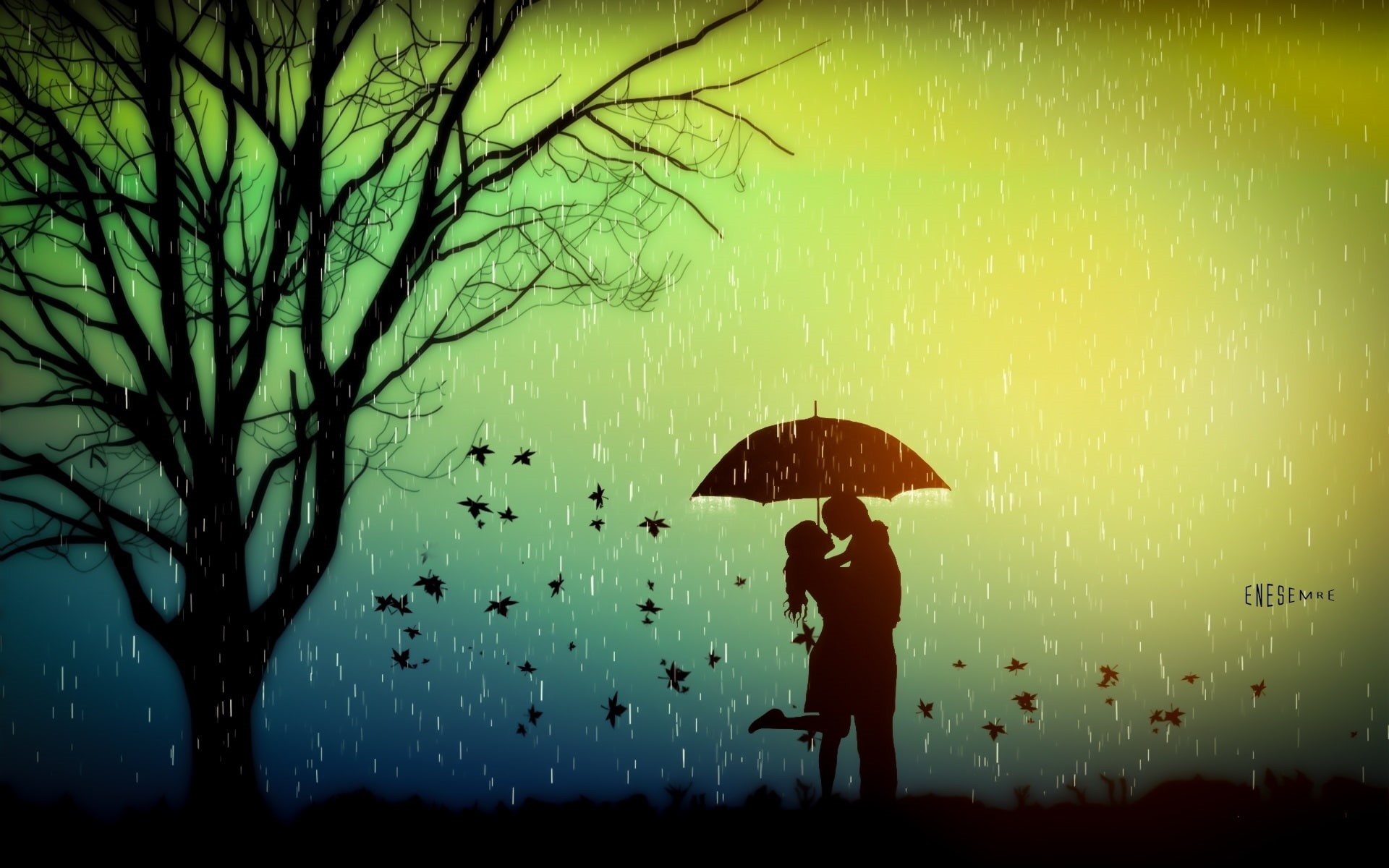 Design, 1080P, Lovers, Creative, Day, Tree, Leaves, Umbrella, Romance, Rainy, HD Wallpaper