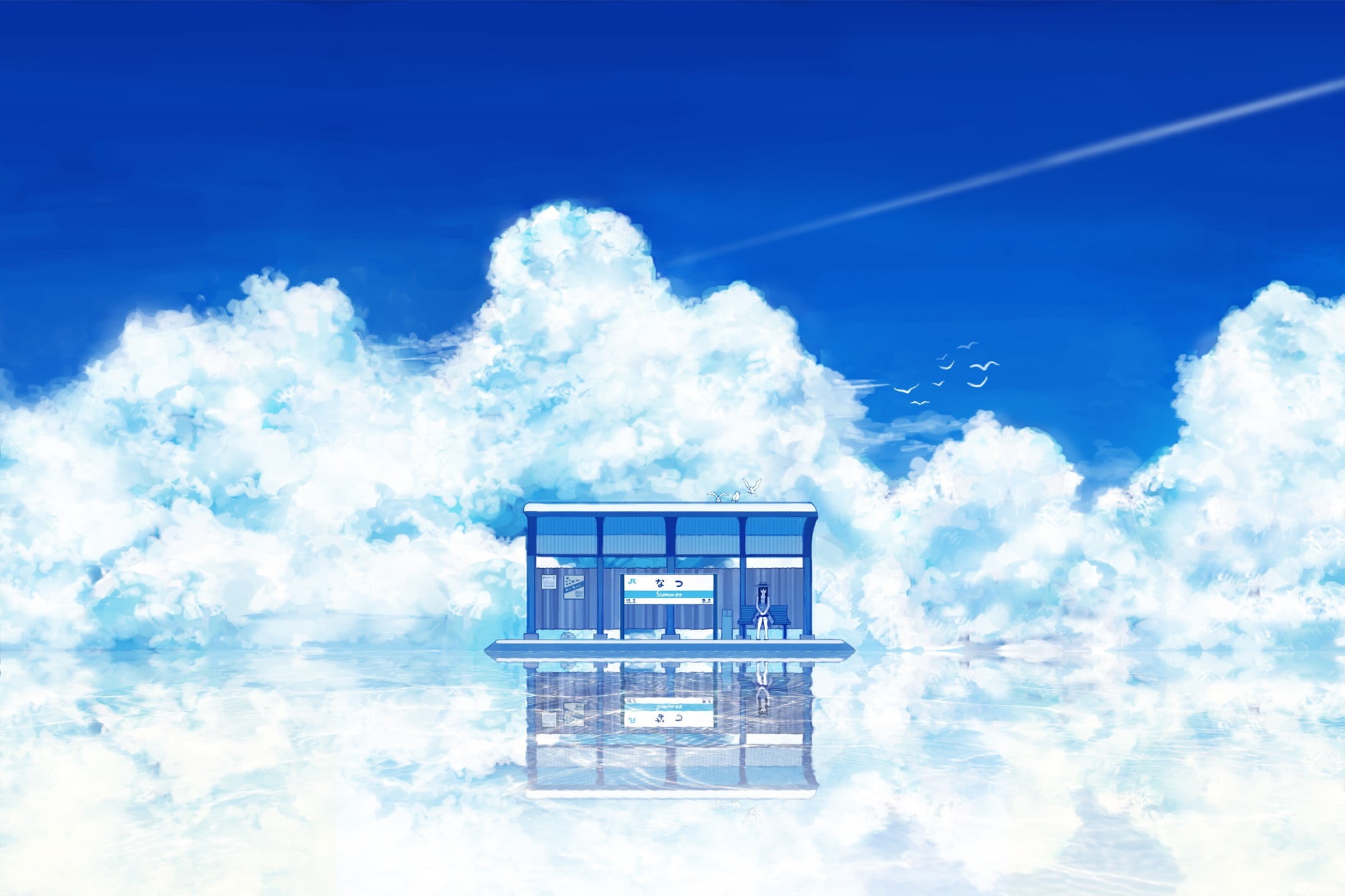 white color, nature, communication, bus stations, sky, outdoors, cloud computing, anime girls, digital composite, architecture, detailed, clouds, blue, HD Wallpaper