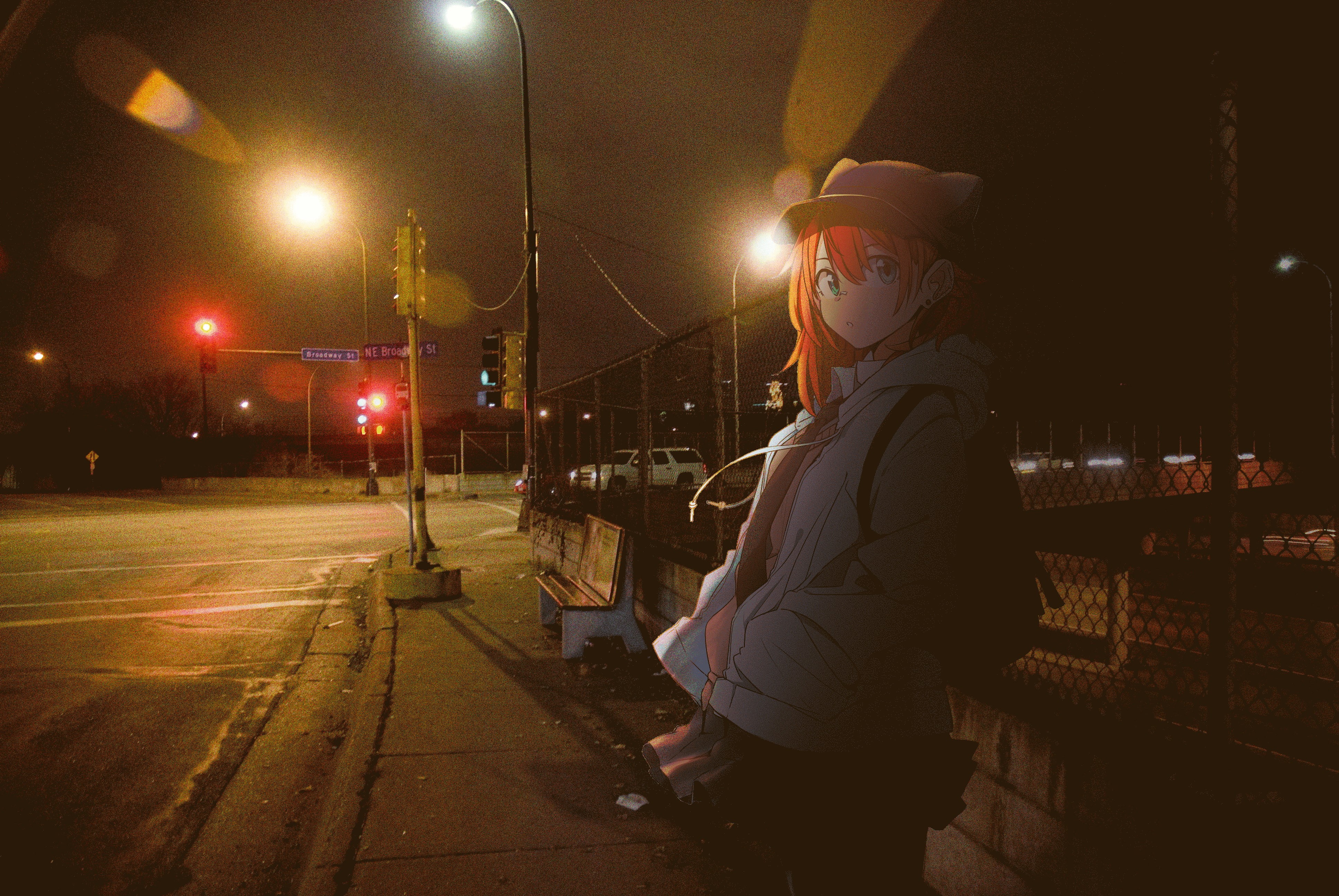 urban, bus stations, anime, street, 4K, night, anime girls, HD Wallpaper