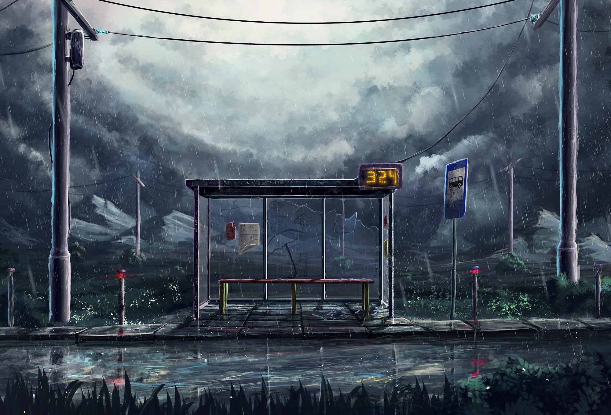 1080P, Sylar, bus stations, utility pole, artwork, power lines, signs, rain, HD Wallpaper