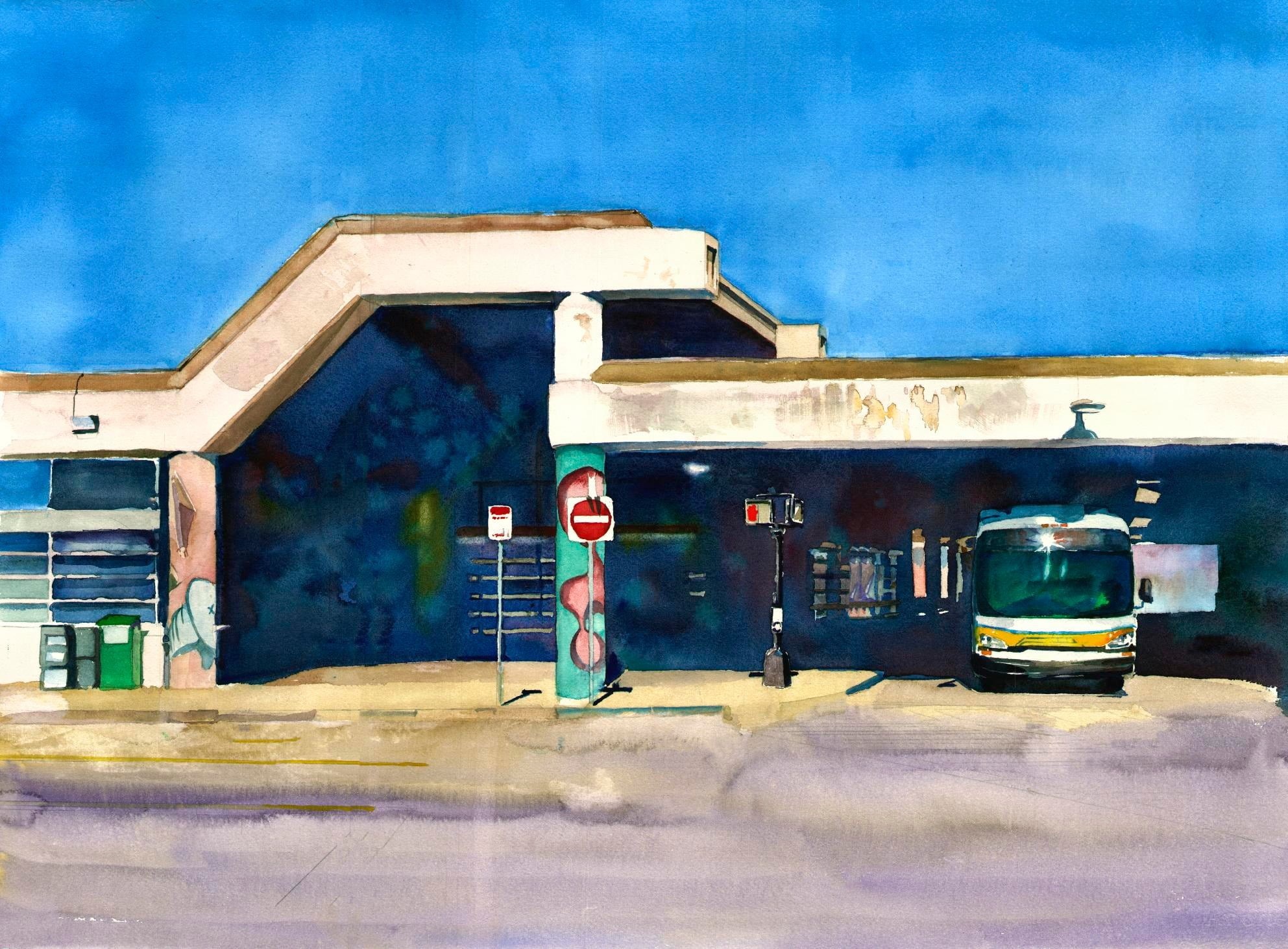 fuel pump, street, blue, bus stop, building exterior, no people, nature, cloud - sky, 1080P, day, house, transportation, Traditional Artwork, city, brown, HD Wallpaper