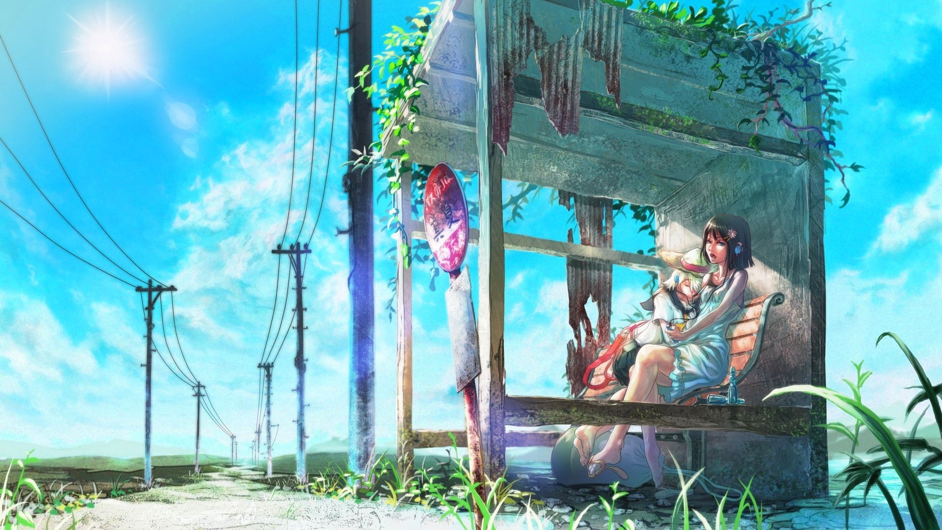 anime girls, 1080P, bus stations, sun rays, sky, HD Wallpaper