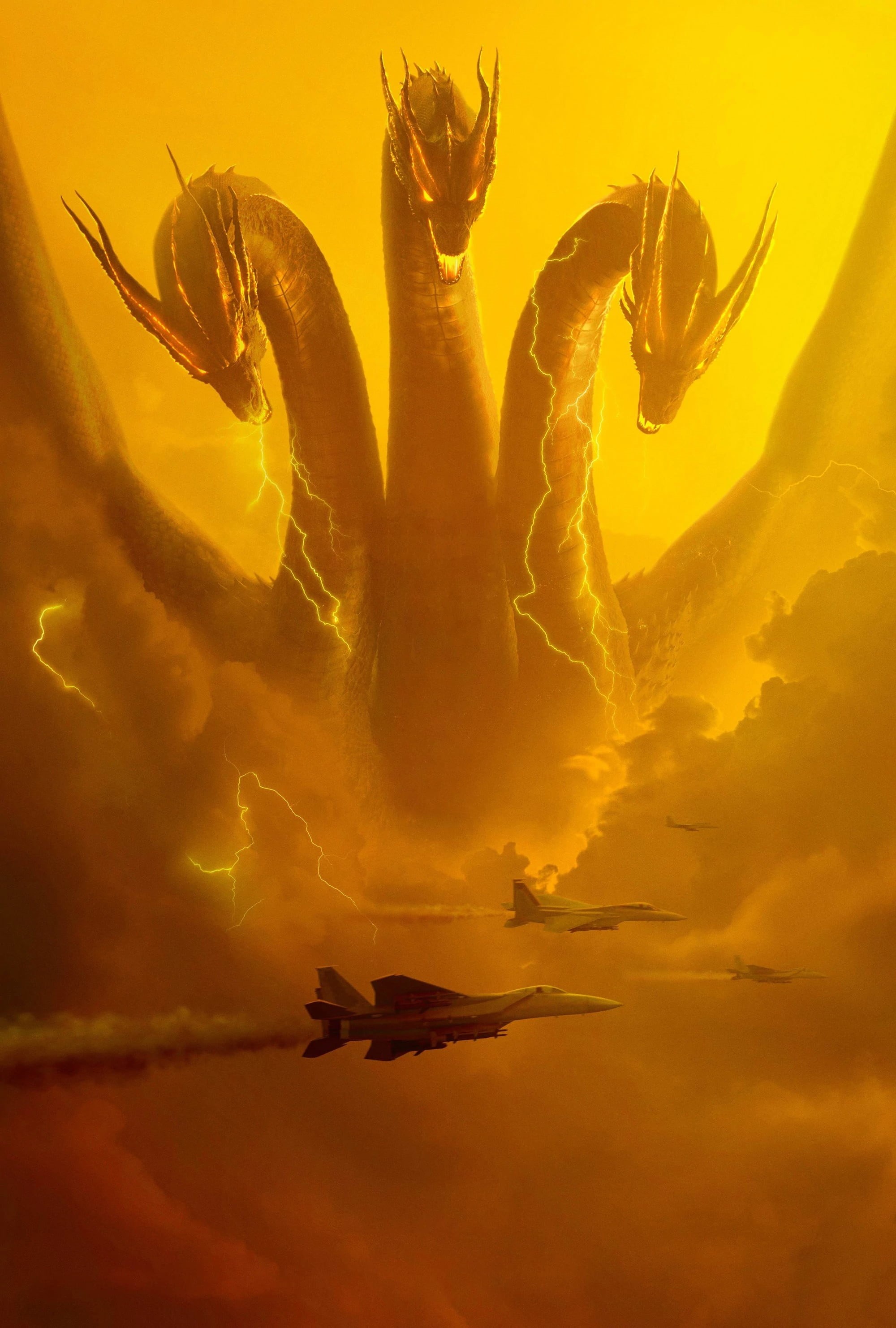 aircraft, clouds, Godzilla: King of the Monsters, King Ghidorah, 2K, movies, kaiju, military aircraft, creature, movie poster, Phone HD Wallpaper
