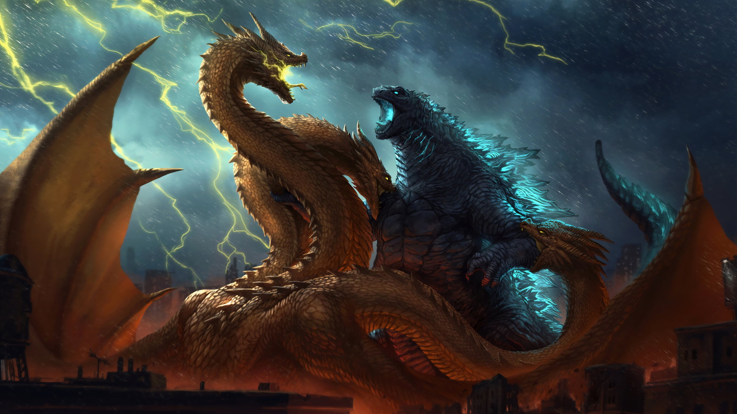 science fiction, environment, battle, 2K, Godzilla, clouds, King Ghidorah, rain, creature, digital, attack, yellow, Godzilla: King of the Monsters, artwork, HD Wallpaper