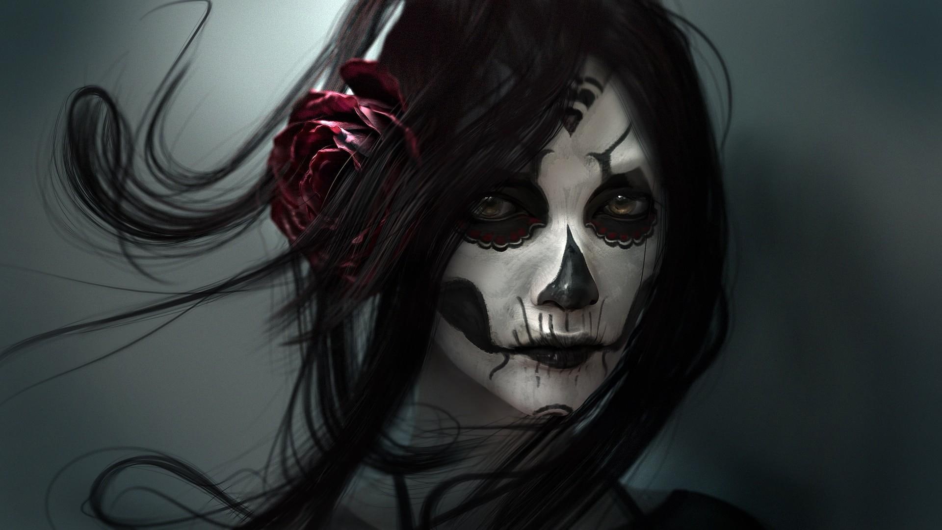 darkness, creepy, black hair, face, blood, artwork, skull, day of the dead, candy skull, gothic, mythical creature, sugar skull, 1080P, girl, fantasy art, HD Wallpaper