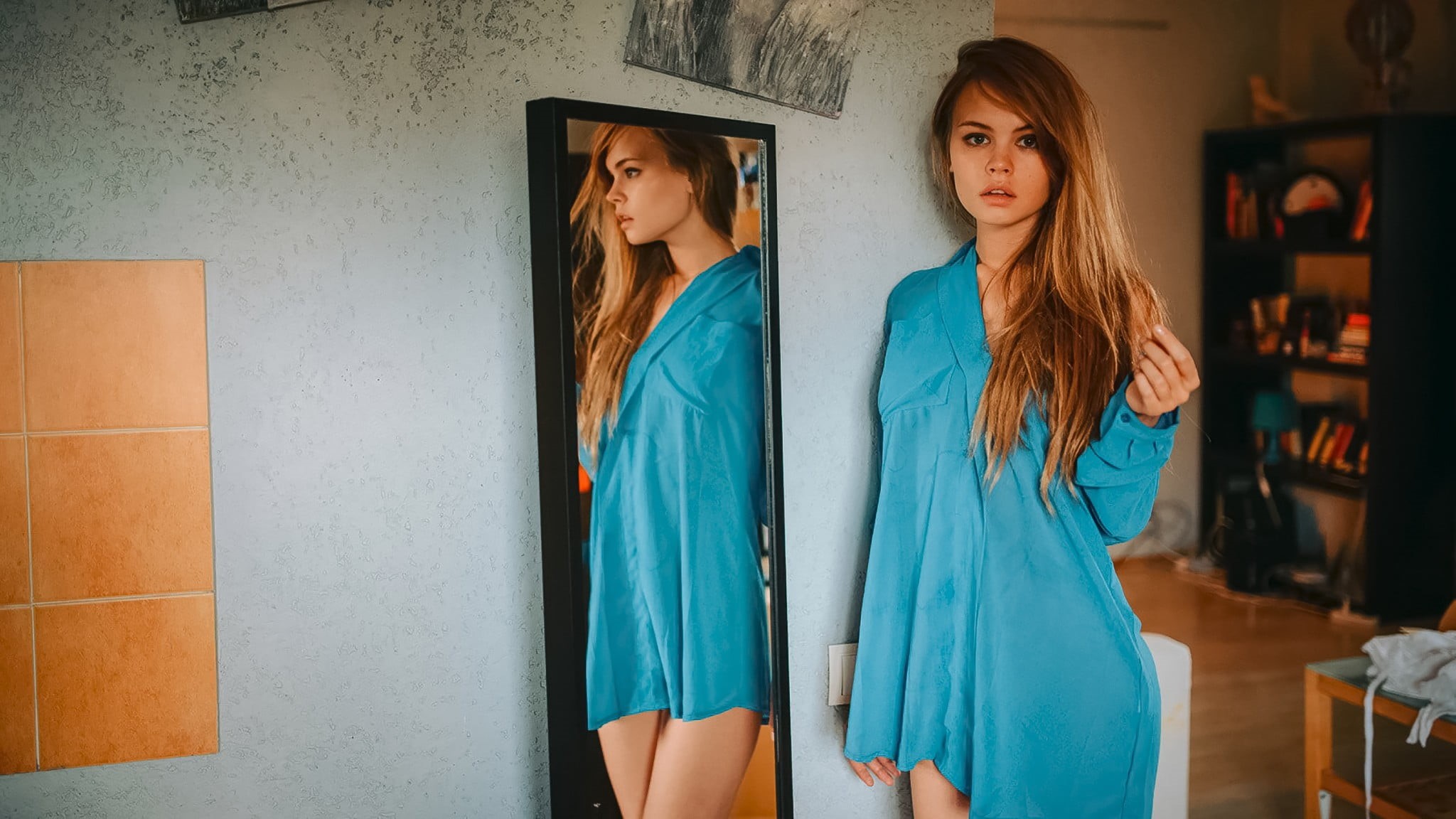 mini, long hair, young adult, dress, three quarter length, front view, blue, beauty, contemplation, clothing, mirror, standing, teenager, reflection, getting dressed, HD Wallpaper