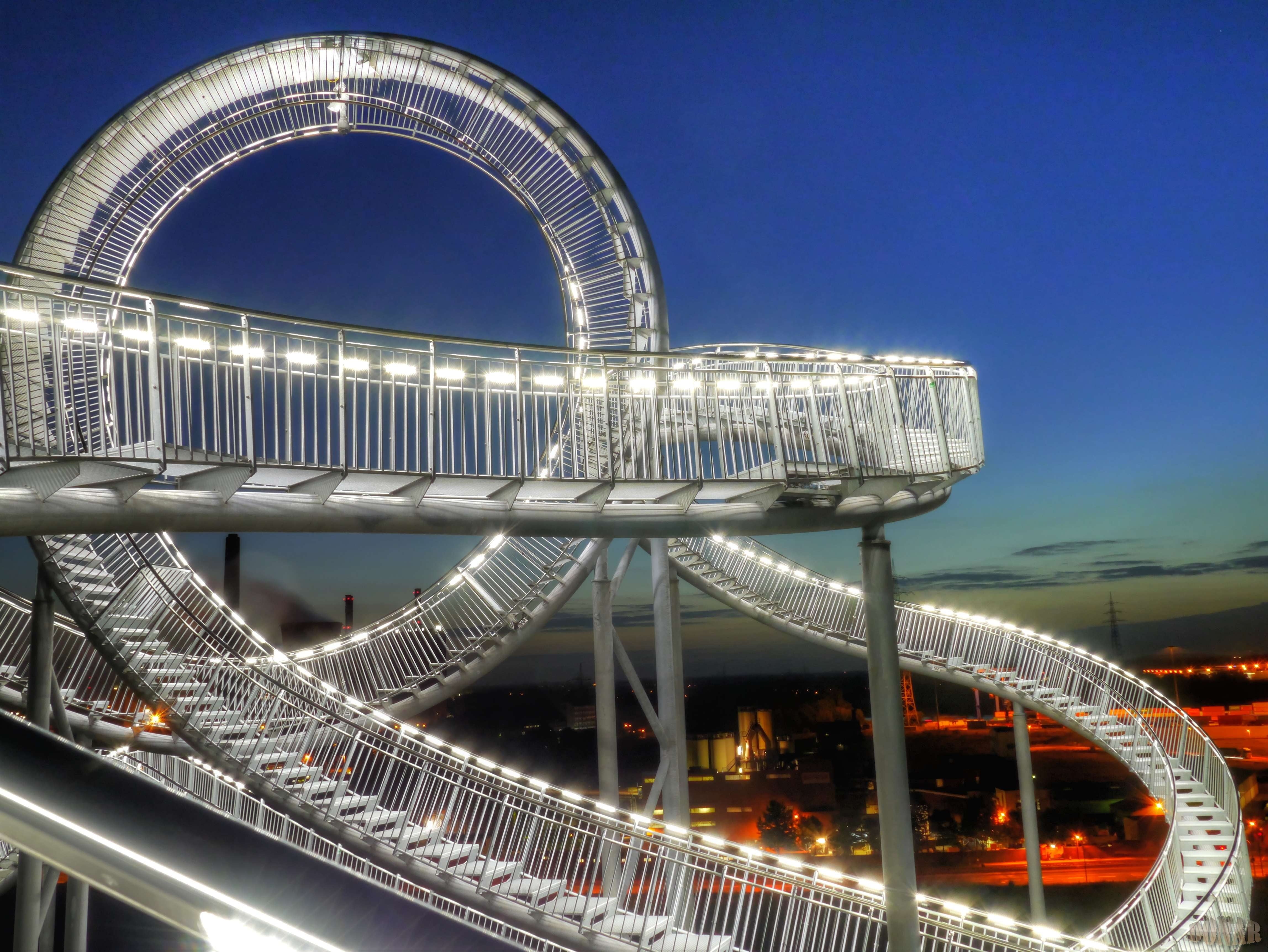 connection, night, travel, office building exterior, architecture, motion, amusement park, tourism, modern, skyscraper, nature, rails, building exterior, HD Wallpaper