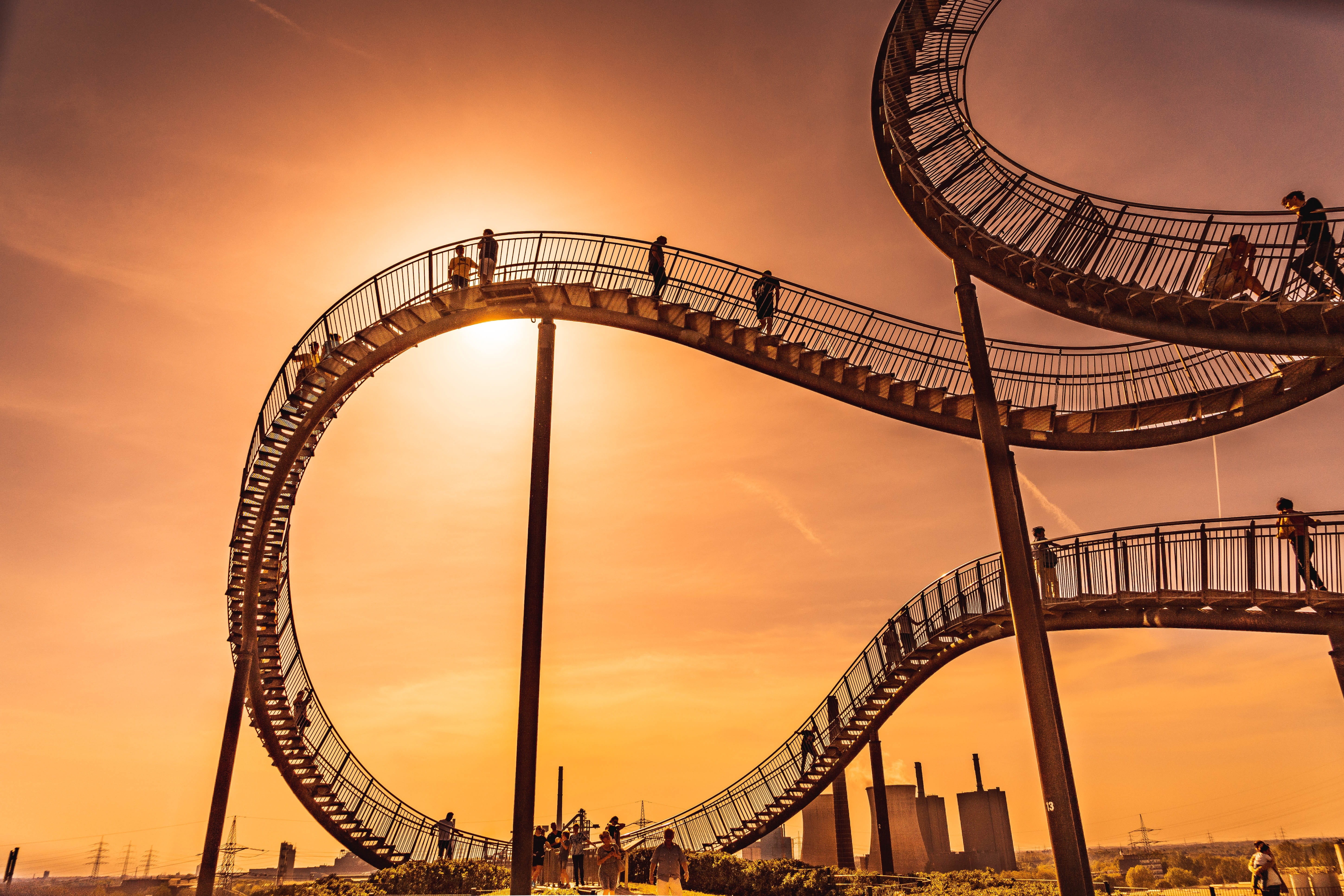 5K, stairs, rollercoaster, outdoors, built structure, looping, orange color, duisburg, travel destinations, no people, curve, nature, sky, arts culture and entertainment, HD Wallpaper