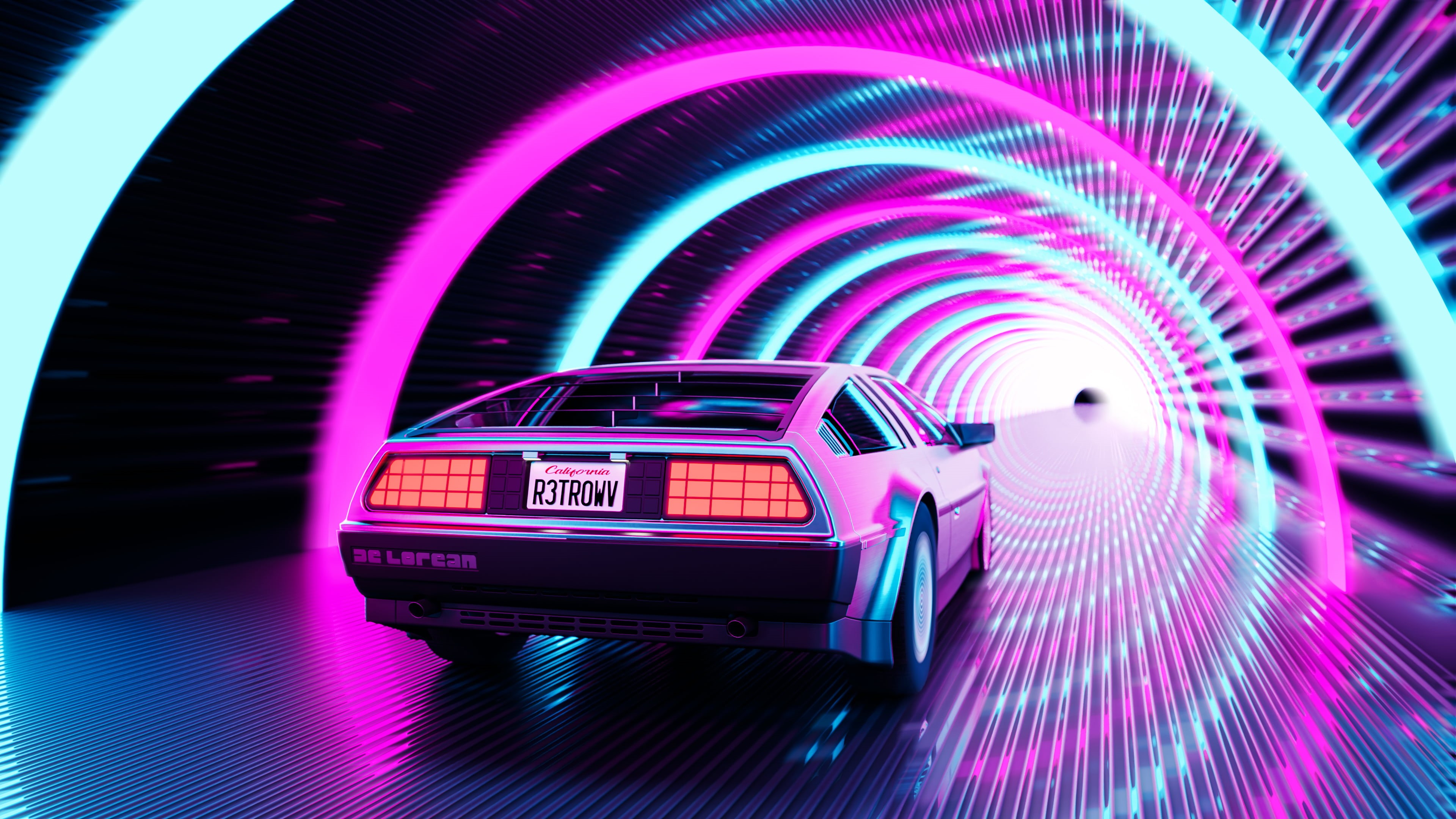 artwork, road, DMC DeLorean, 4K, tunnel, car, DeLorean, Retrowave, HD Wallpaper