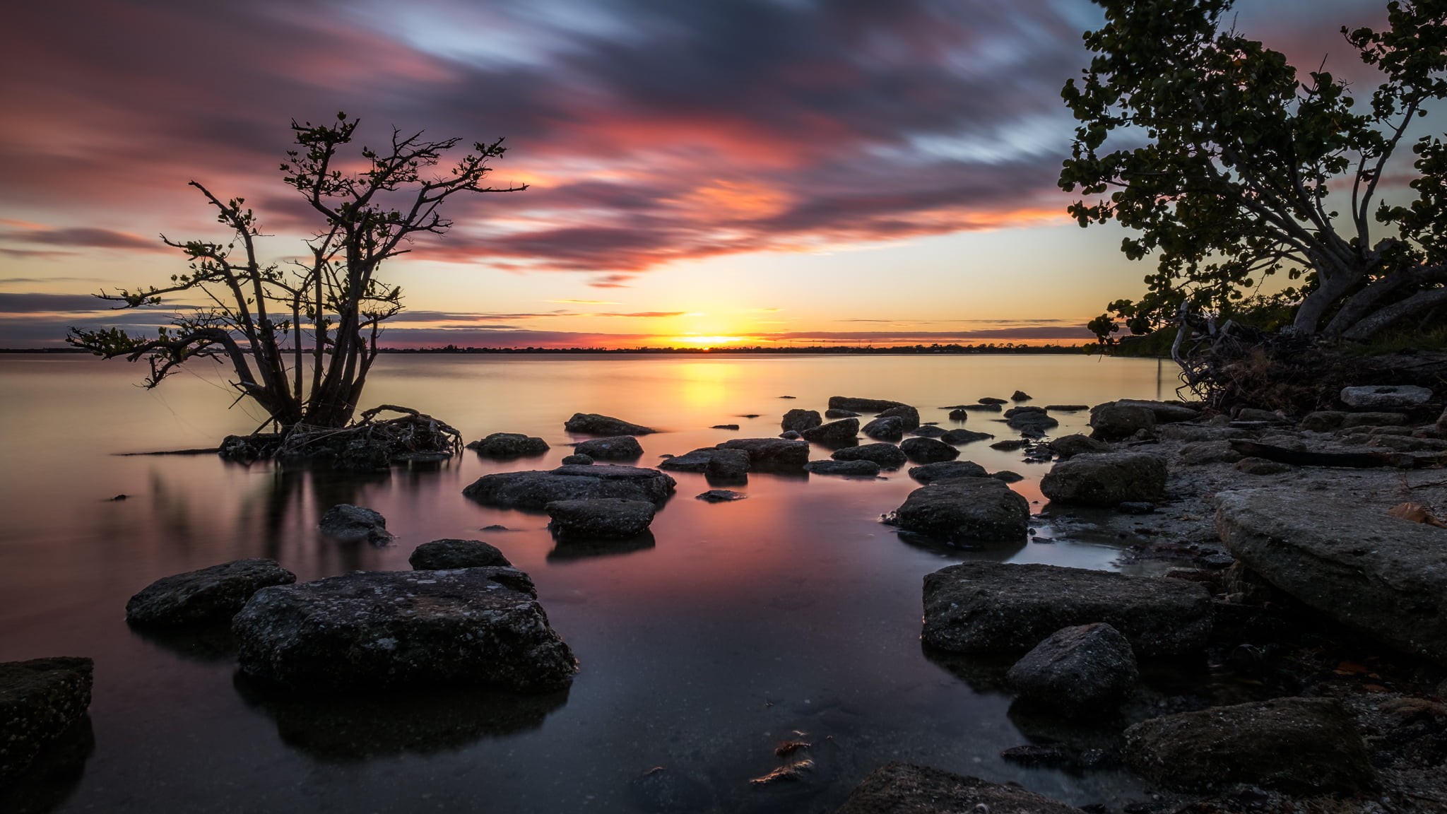 sea, United States, fine art, trees, 1080P, light, green, orange, natural, peaceful, rocks, Seascape, gray rocks, geotagged, usa, photo, yellow, beautiful, HD Wallpaper