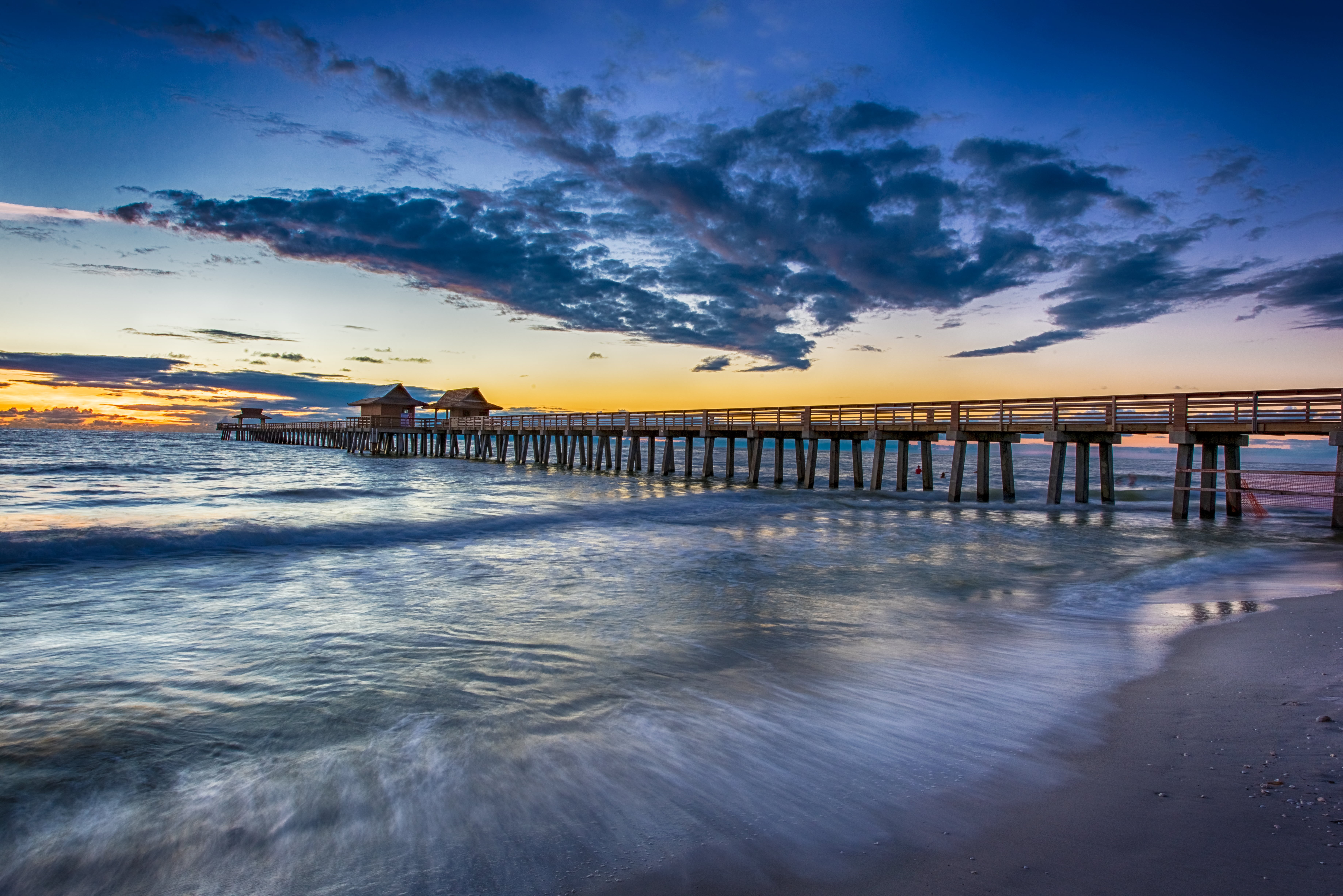 sand, Pier, coastline, waves, 5K, Naples, summer, sea, sky, long exposure, photo, bay, Florida, nature, water, Sunset, vacations, beach, dock, HD Wallpaper