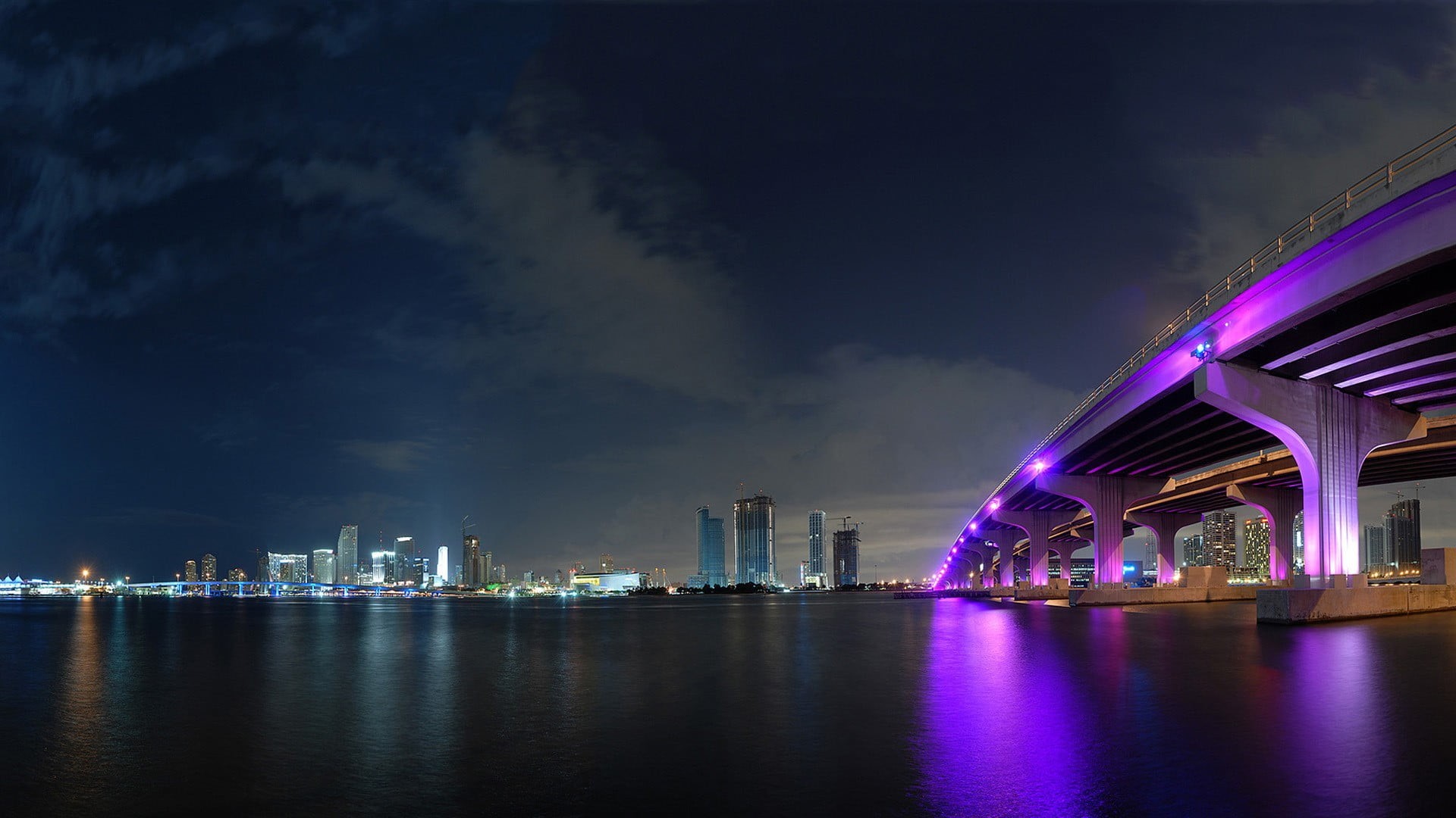 bridge, built structure, city, Miami Beach, river, building, cloud - sky, sky, architecture, skyline, landscape, cityscape, skyscraper, outdoors, lights, HD Wallpaper