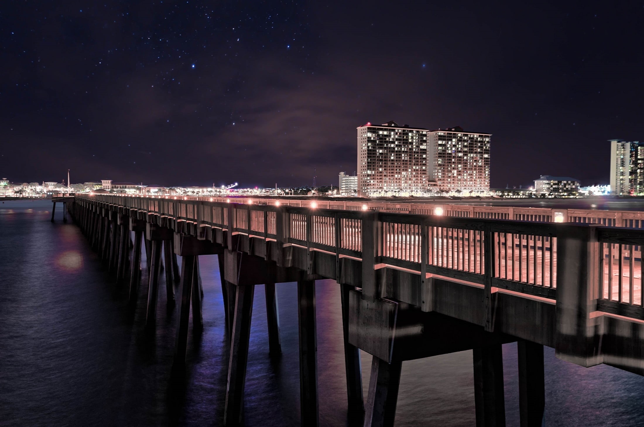 building, nautical, seaside, stars, scenic, concrete, pier, nature, tranquility, sea, sky, seascape, harbor, office building exterior, astronomy, illuminated, HD Wallpaper